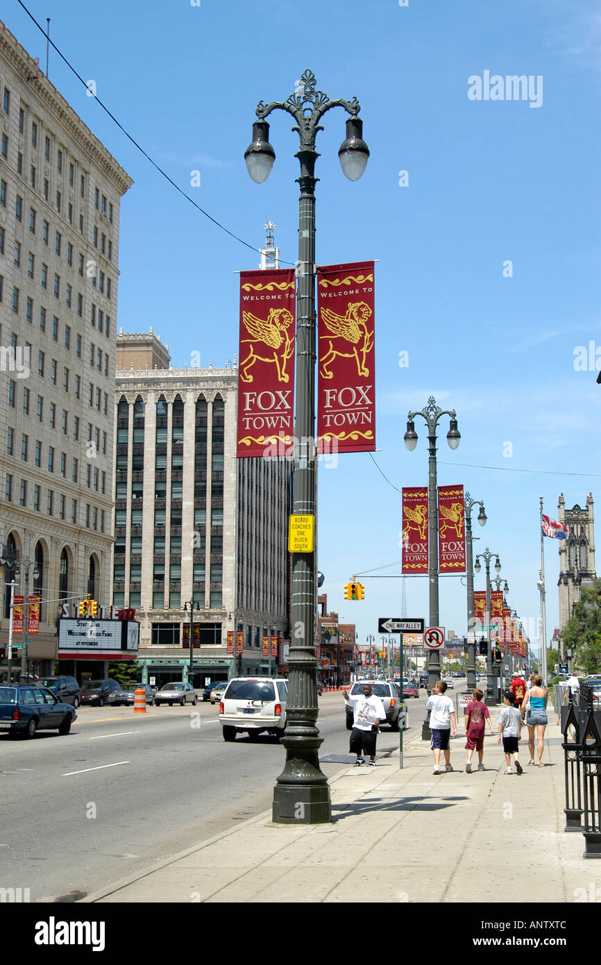 Woodwood Avenue in Foxtown Detroit Michigan MI Foto Stock