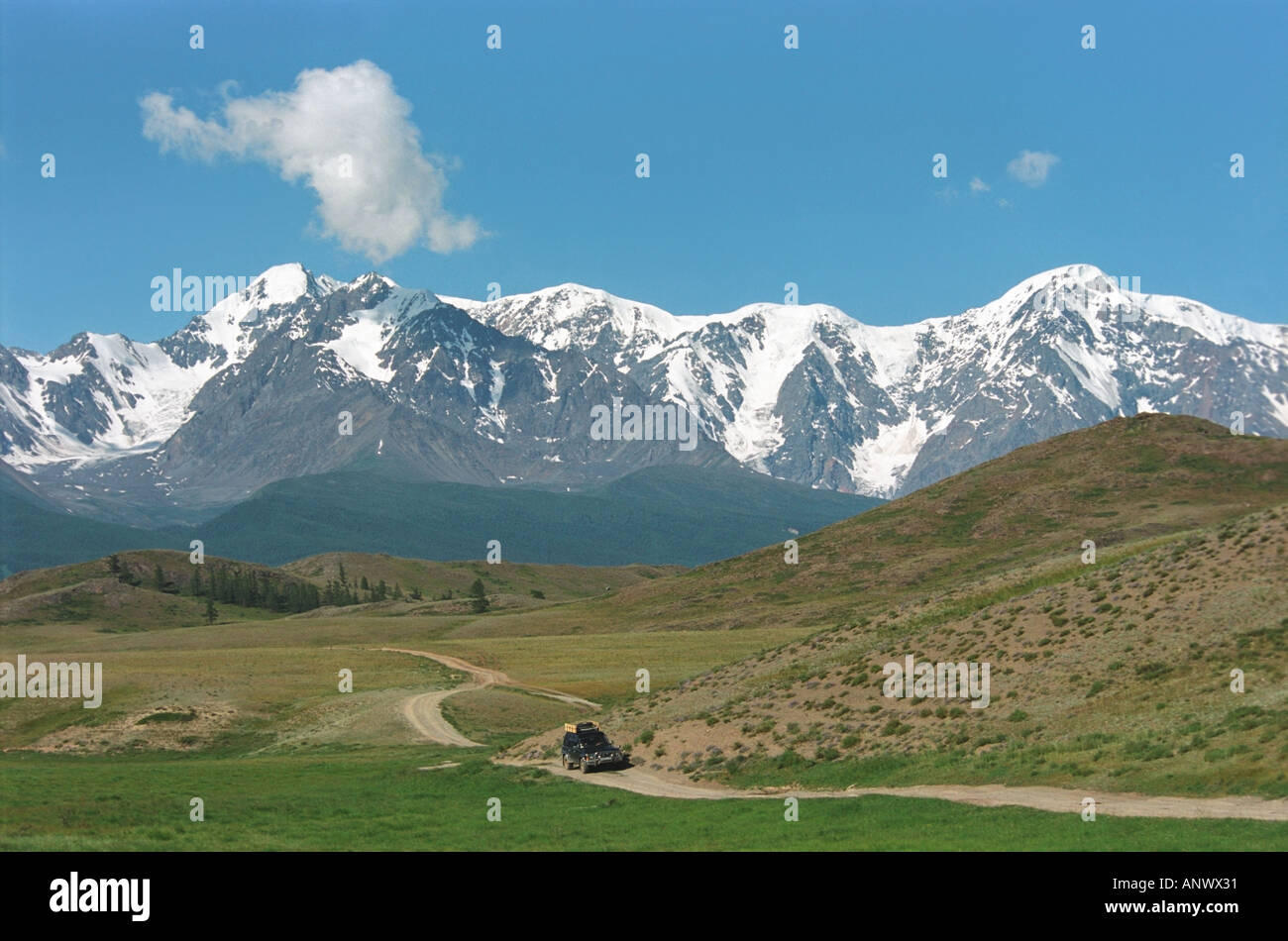 Cross country del veicolo Nissan modello Safari nella steppa Kurai. La Northern Chuya gamma. Altai. La Siberia. La Russia Foto Stock