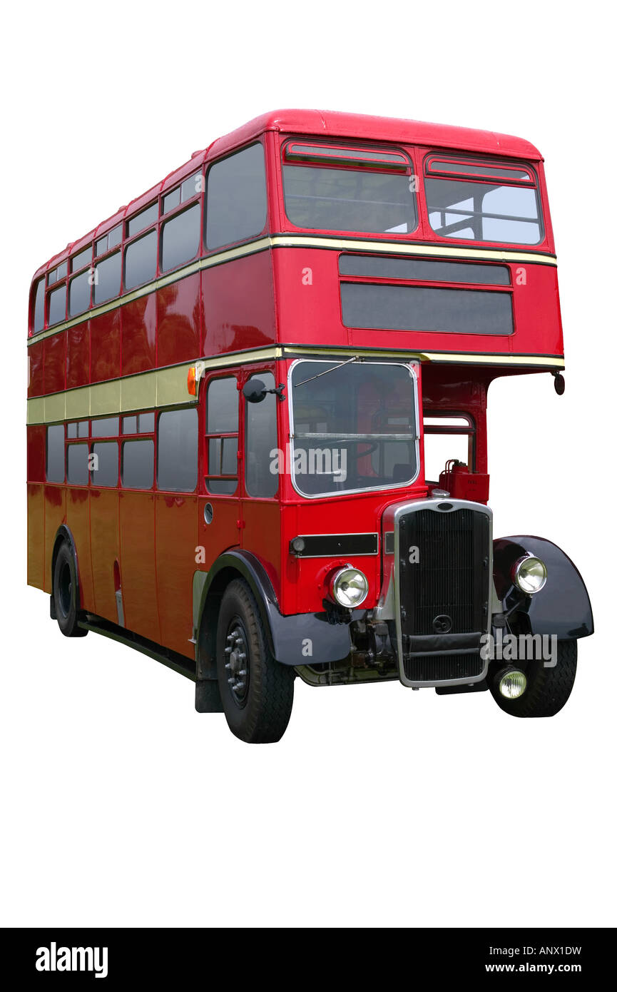 Vintage bus rosso a due piani isolato su bianco con tracciato di ritaglio Foto Stock
