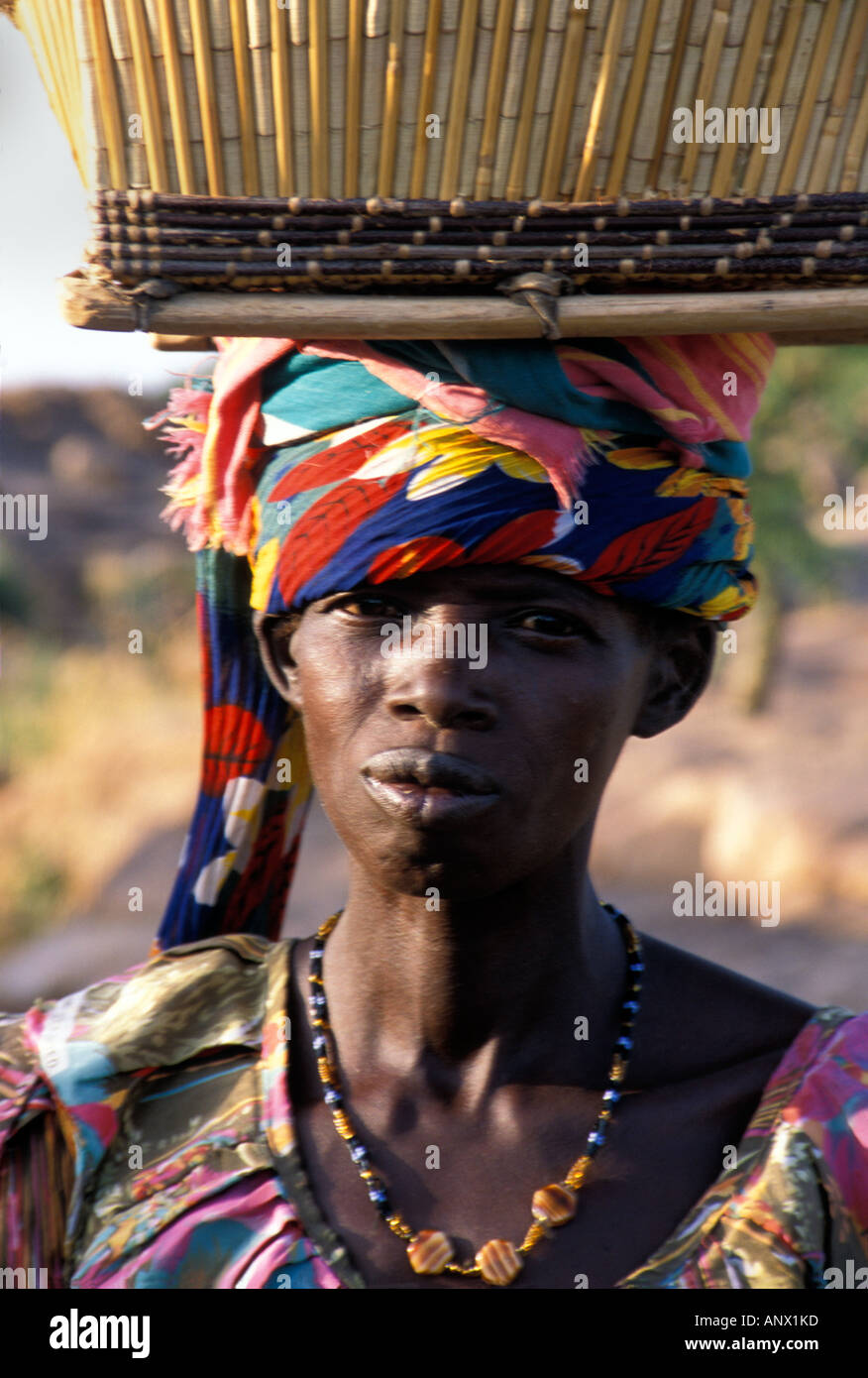 Un dogon Donna con cesto sulla testa di er, rendendo il suo modo attraverso il suo villaggio in Mali. (MR) Foto Stock