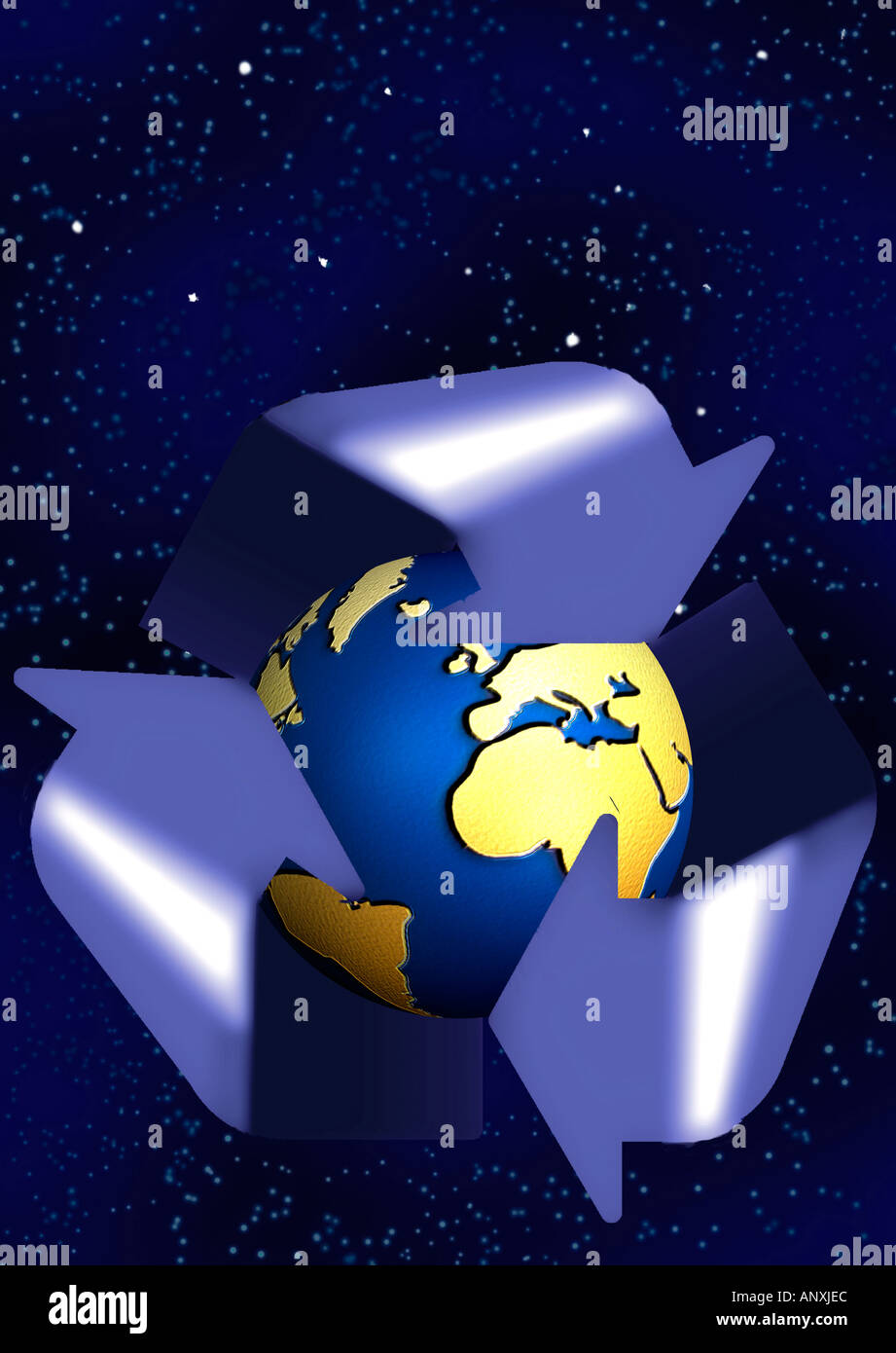 Il pianeta terra illustrazione della foto con il riciclaggio logo symbol avvolto intorno ad esso Foto Stock