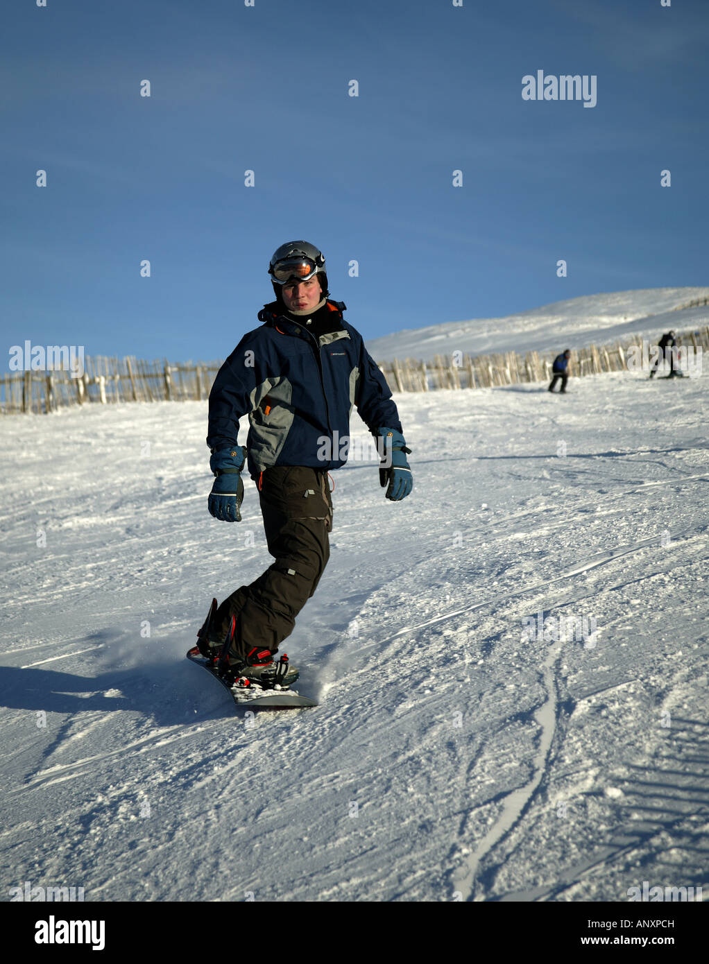 Voce maschile Snowboarder, Cairngorms National Park, Glenshee, Perthshire e Aberdeenshire, Scotland, Regno Unito, Europa Foto Stock