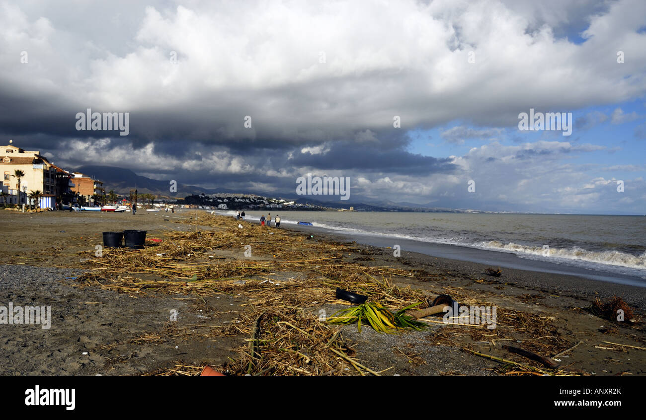 I detriti lavato fino in tempesta - spiaggia di Sabinillas, Estepona, Spagna Foto Stock