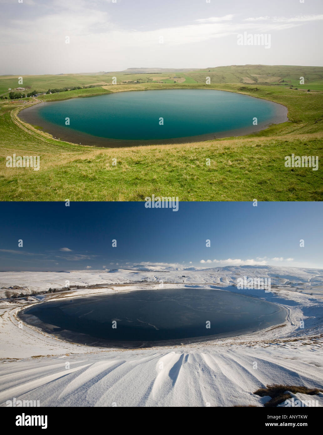 Due colpi di Godivelle Lago: in estate e in inverno (Francia). Deux vues du lac de la Godivelle: en été et hiver (Francia). Foto Stock