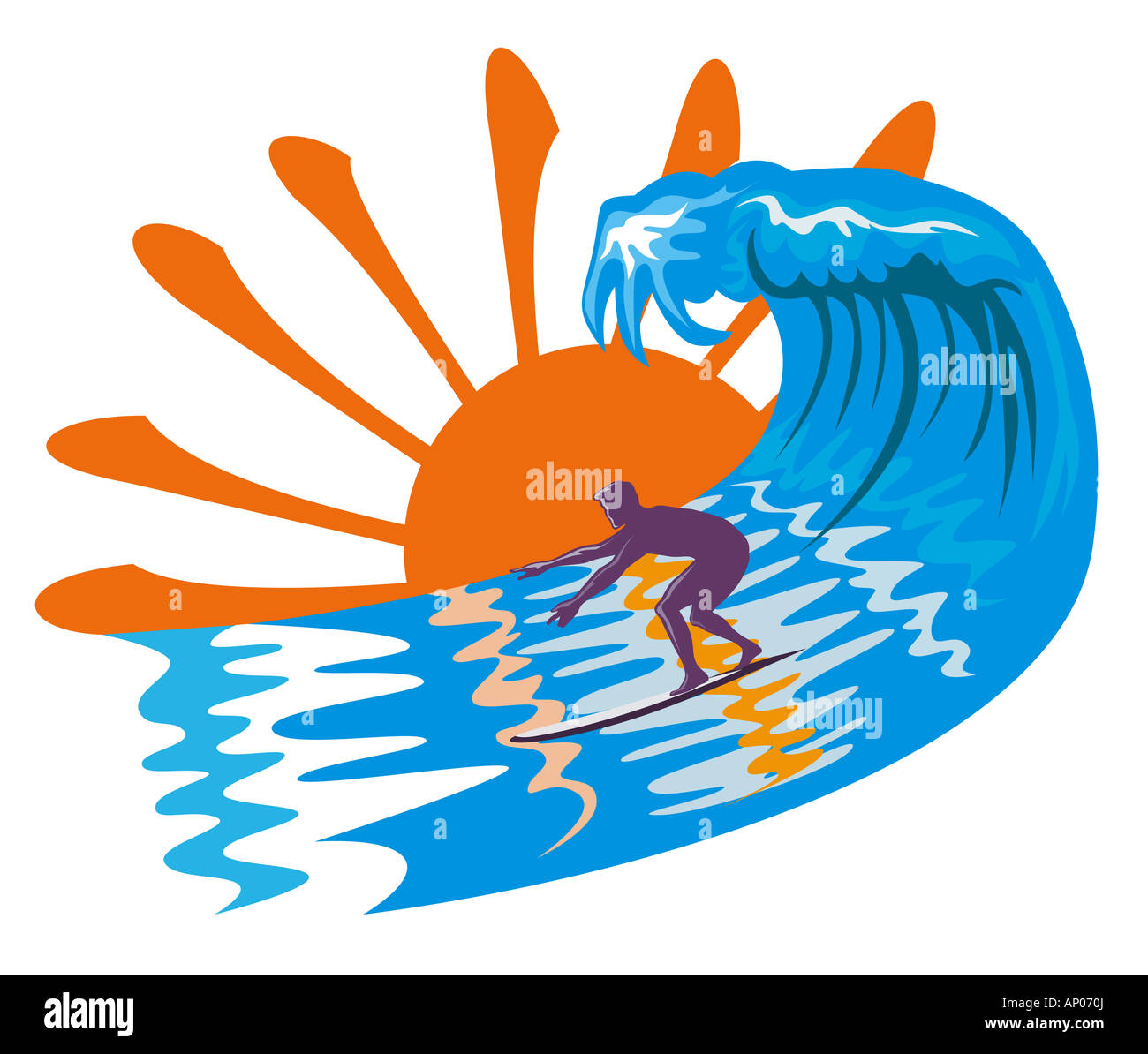 Surfer a cavallo di un gigantesco surf con Sun in background Foto Stock