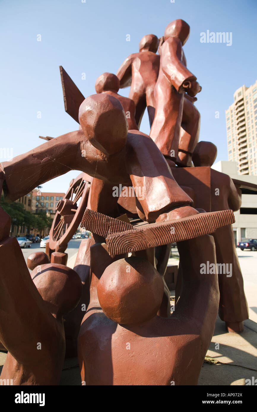 ILLINOIS Chicago memoriale della scultura per il quadrato di Haymarket riot storico sito di confronto di polizia europea dei lavoratori Foto Stock