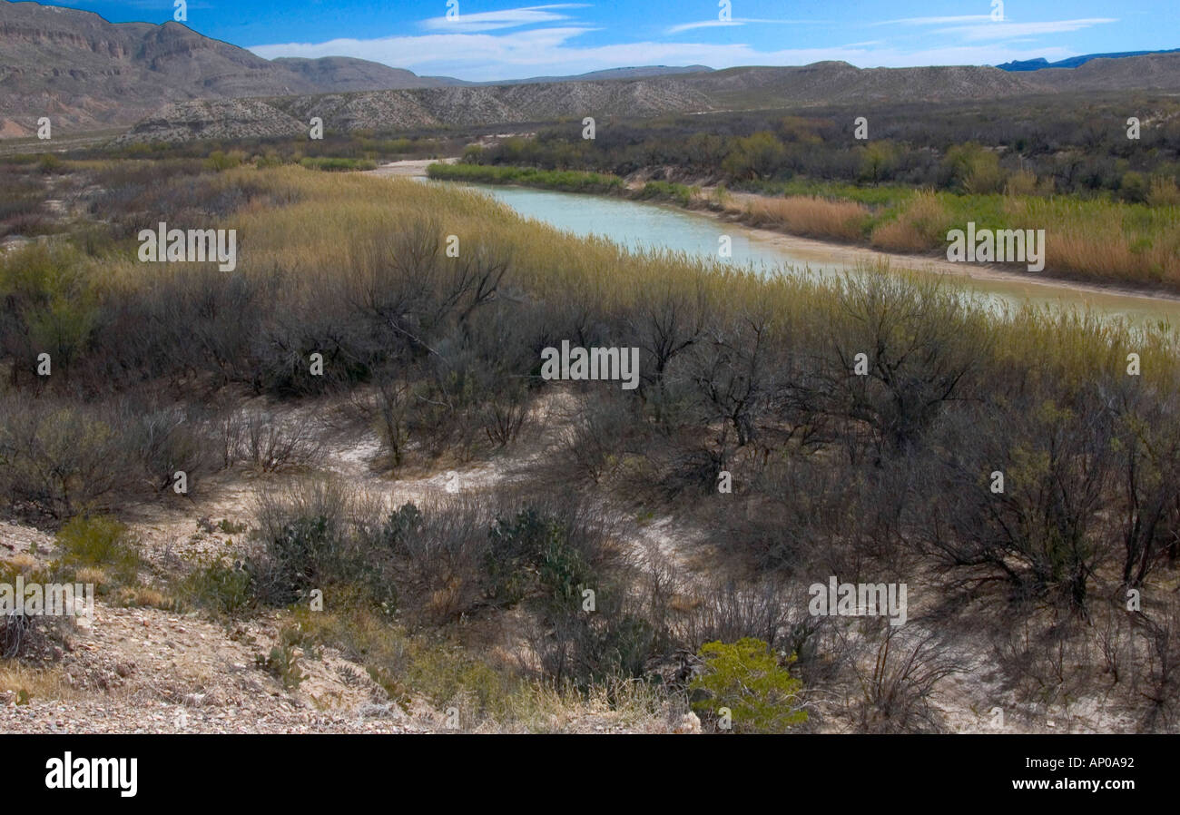Vista panoramica del fiume Rio grande che si snoda attraverso il paesaggio americano, Stati Uniti. Foto Stock