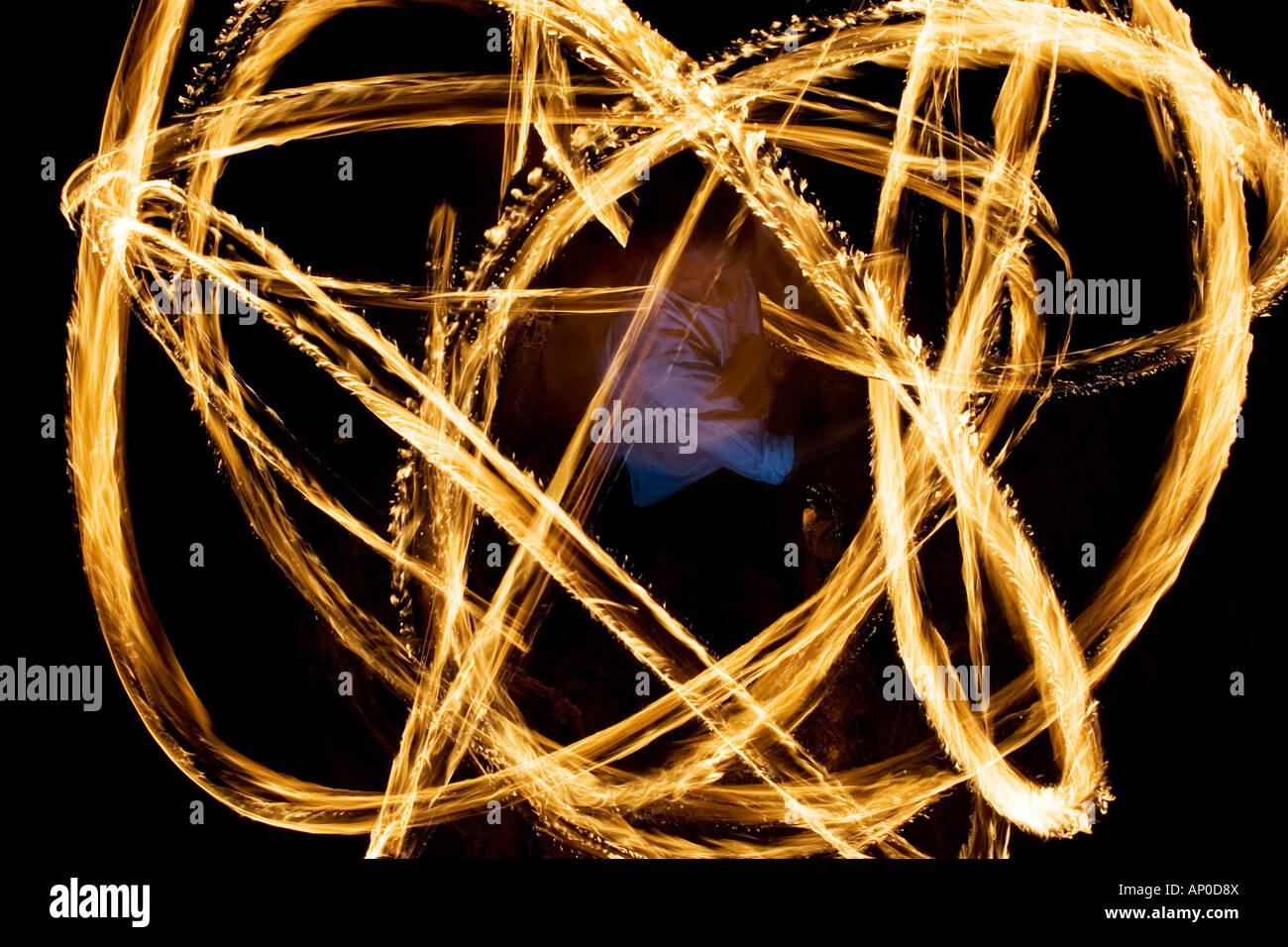 Uomo fuoco ballando con bastoni di fuoco di notte. India. Configurazione astratta. Esposizione lunga Foto Stock