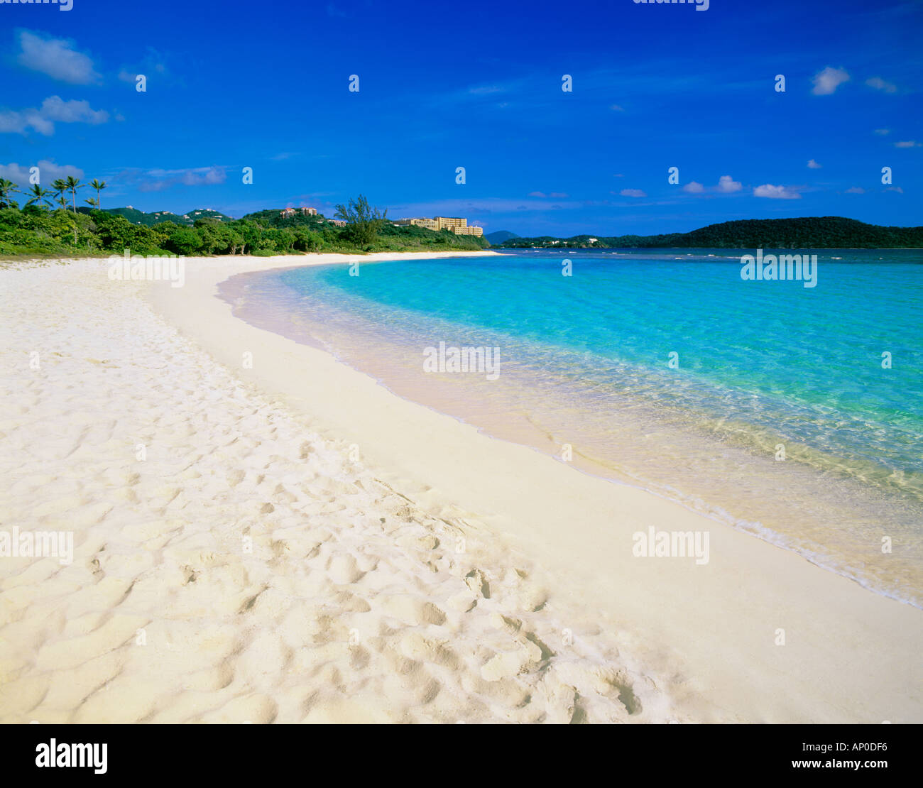 La sabbia bianca e il mare turchese al di sotto di un luminoso cielo blu a Lindquist Beach St Thomas Isole Vergini Americane Foto Stock