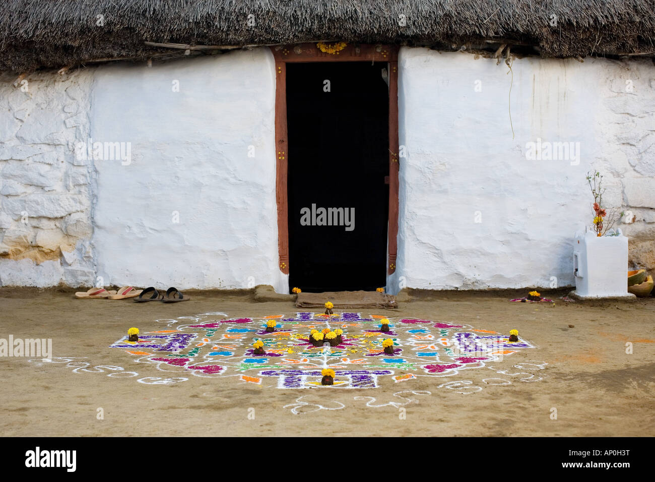 Rangoli design con fiori e sterco di vacca utilizzato in un Indiano street per celebrare il festival indù di Pongal Sankranti o. Andhra Pradesh, India Foto Stock