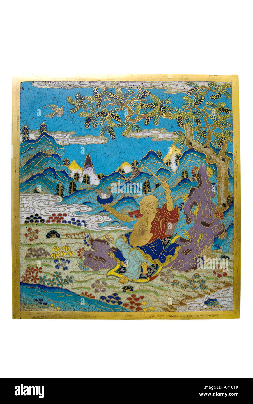 Giapponese smalto dorato lacca ware monaco uomo sat seduti in meditazione insegnante garden river mountain tree orientali figurativo di antiquariato Foto Stock