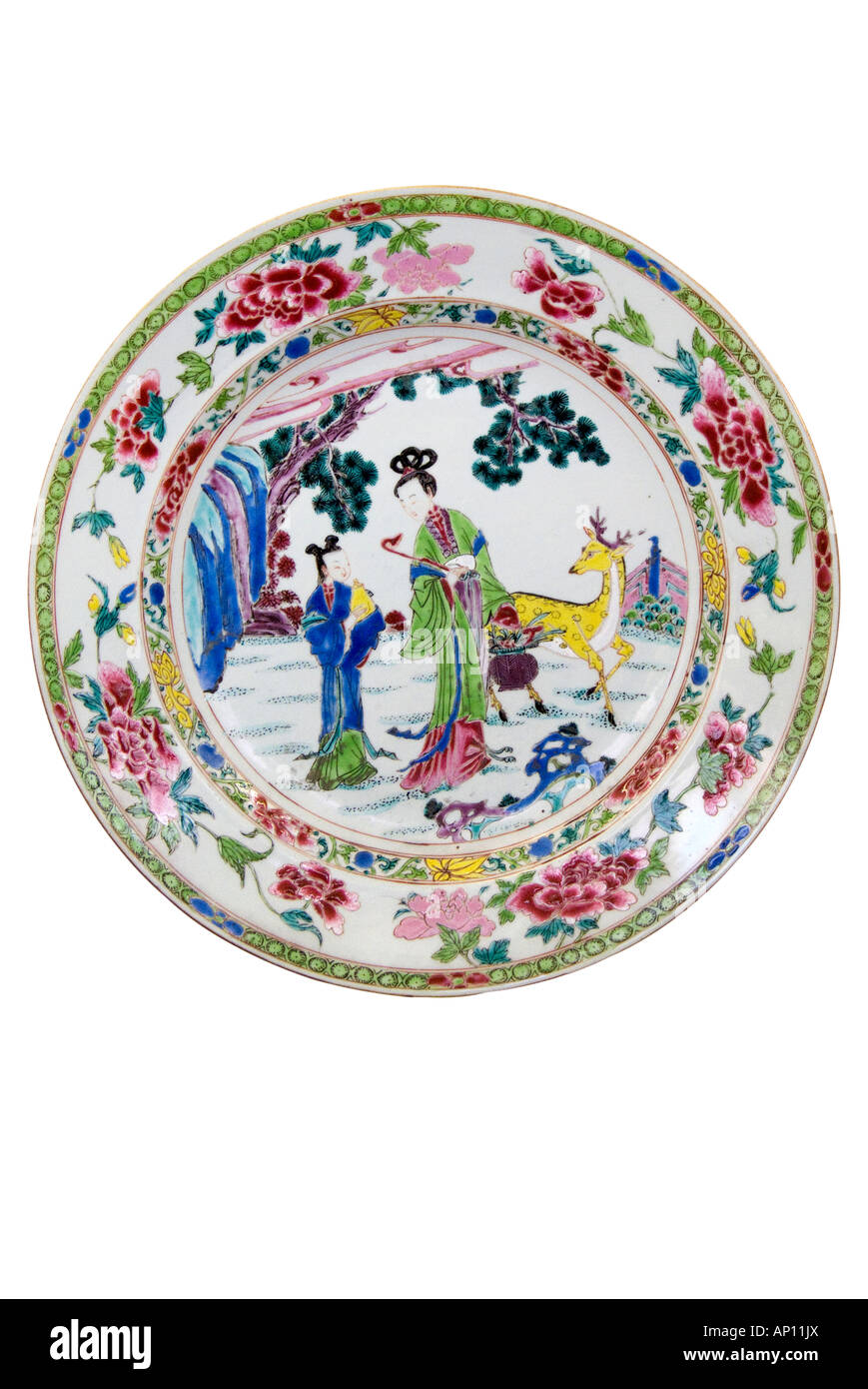 Porcellana piastra in ceramica cinese cervo figurativo flower garden dinastia mancesi Aisin Gioro a nord-est della Cina Manciuria Impero di th Foto Stock