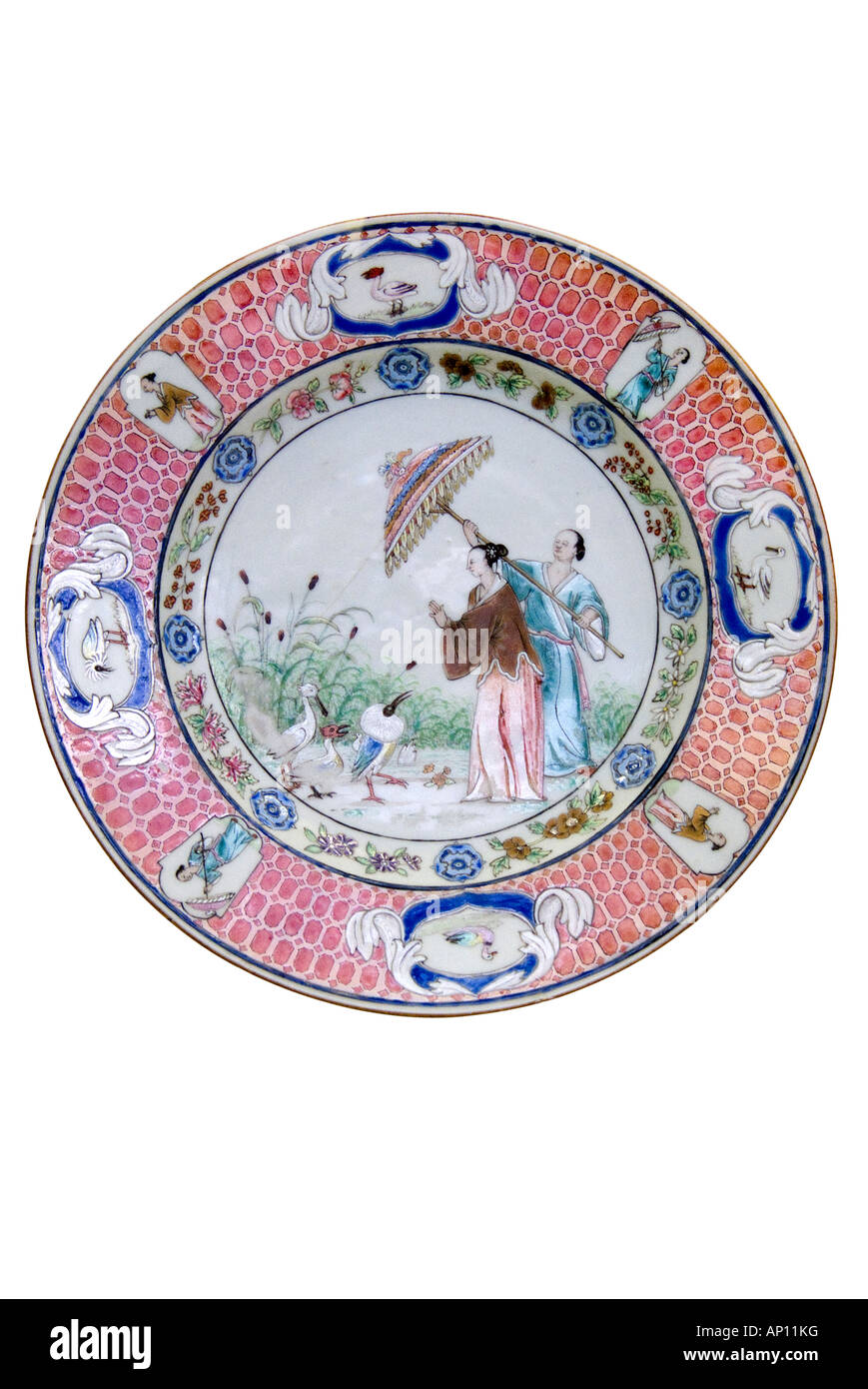 Porcellana piastra in ceramica cinese parasol pelican umberella uccello dinastia mancesi Aisin Gioro a nord-est della Cina Manciuria Impero di t Foto Stock