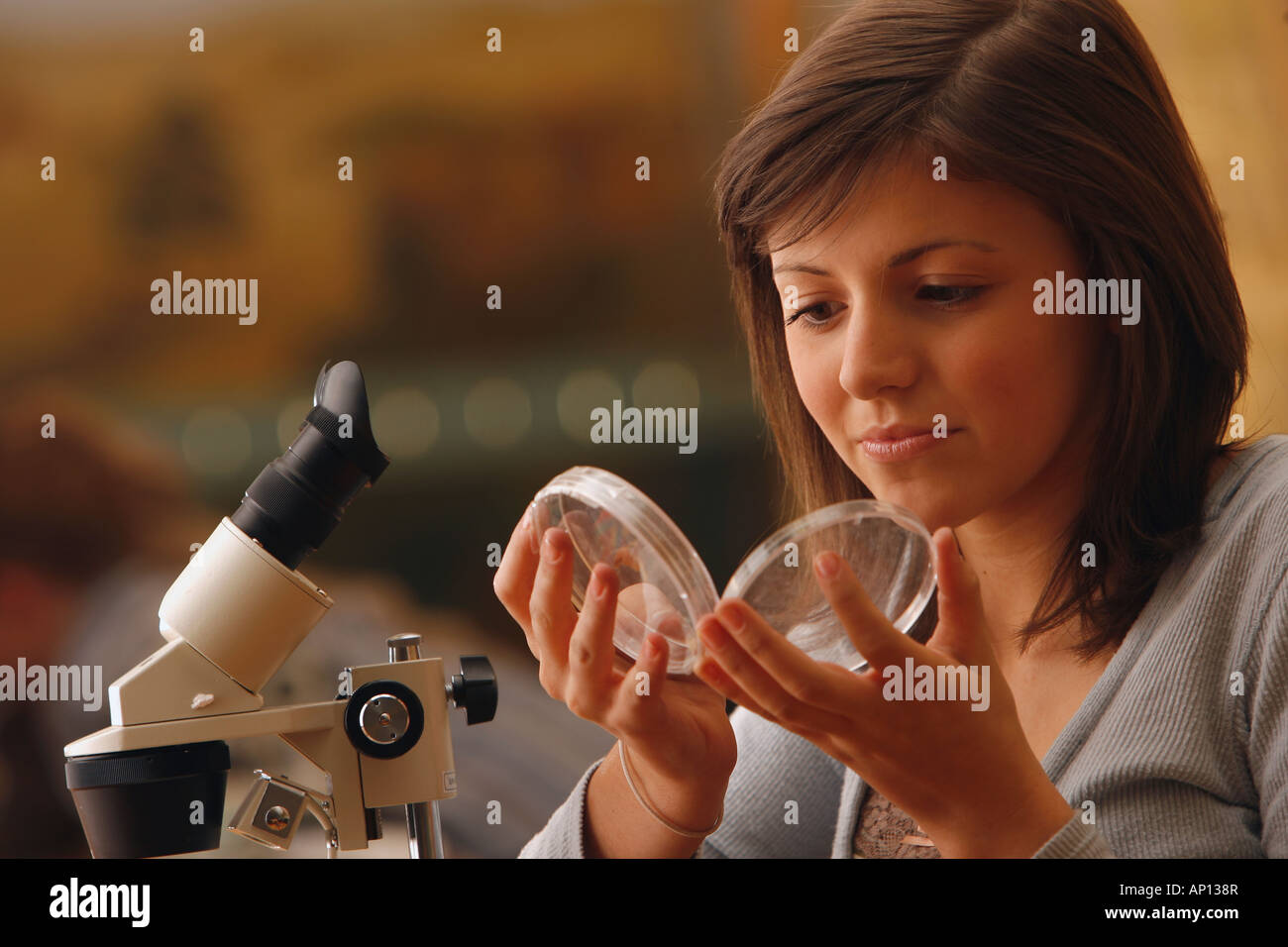 Ragazza giovane con microscopio. Foto Stock