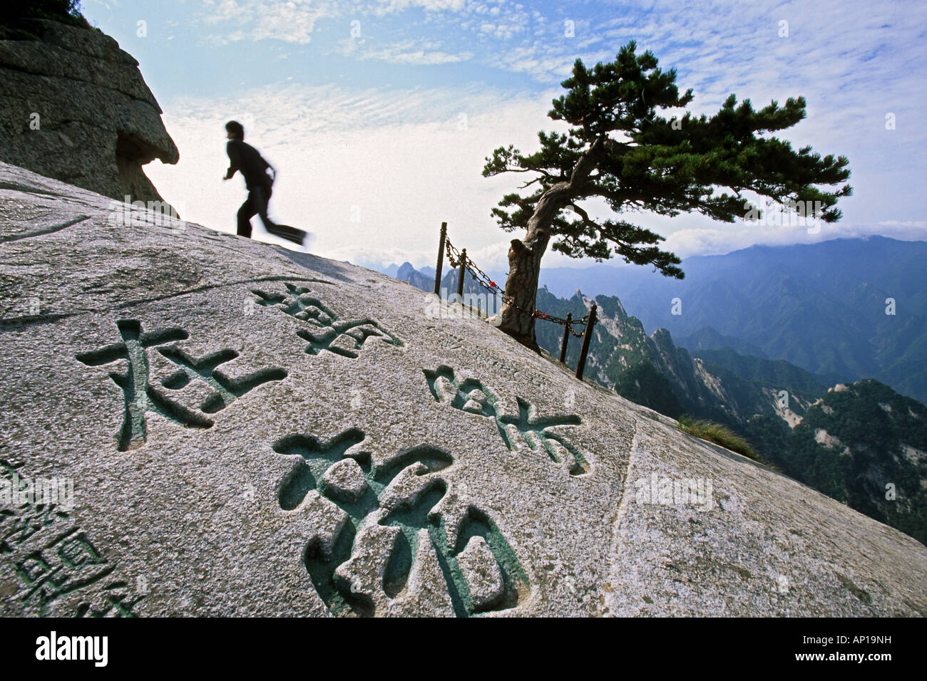 A sud di picco, pino, i caratteri cinesi incisi nella pietra, a sud di picco, Hua Shan, provincia di Shaanxi, taoista di montagna, Cina, ASI Foto Stock