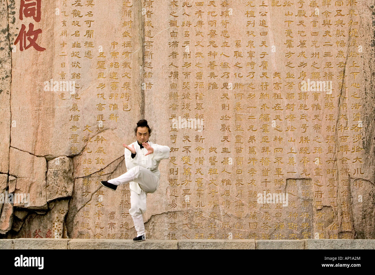 Il monaco taoista Zhang Qingren dimostrando Tai Ch infront di una famosa iscrizione dall'imperatore Xuanzong, Hou Shi Wu tempio, Monte T Foto Stock
