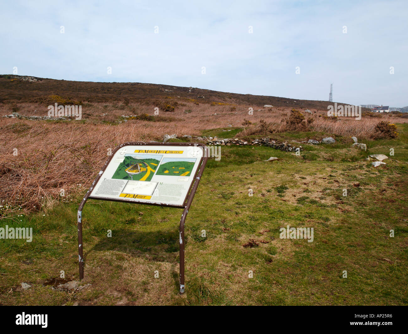 Sud pila Anglesey North Wales TY MAWR HUT cerchi informazioni segno da resti di età del ferro cerchi capanna Foto Stock