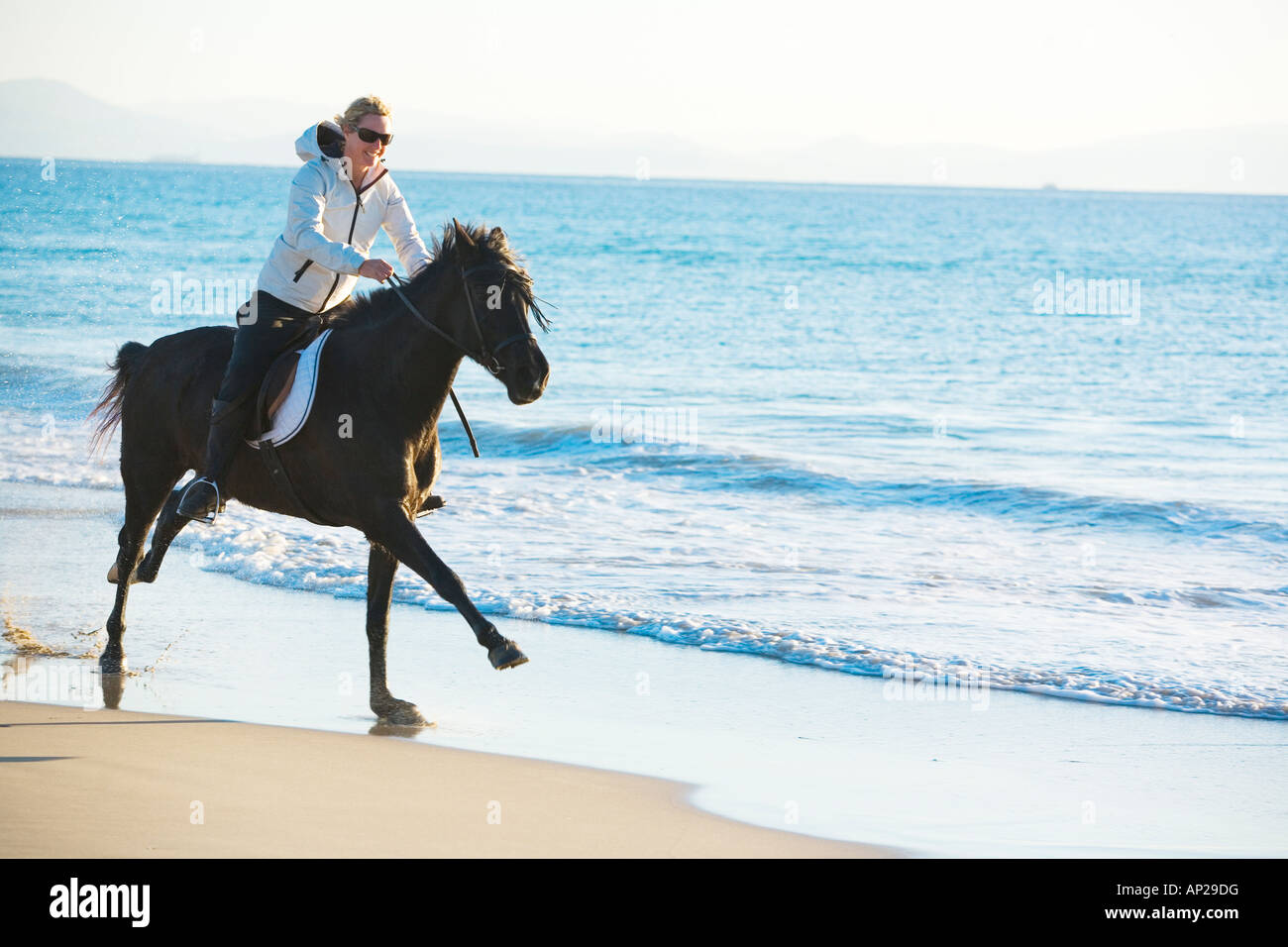 Giovane donna al galoppo sul suo cavallo sulle spiagge della costa de la luz Tarifa Cadiz Spagna Foto Stock