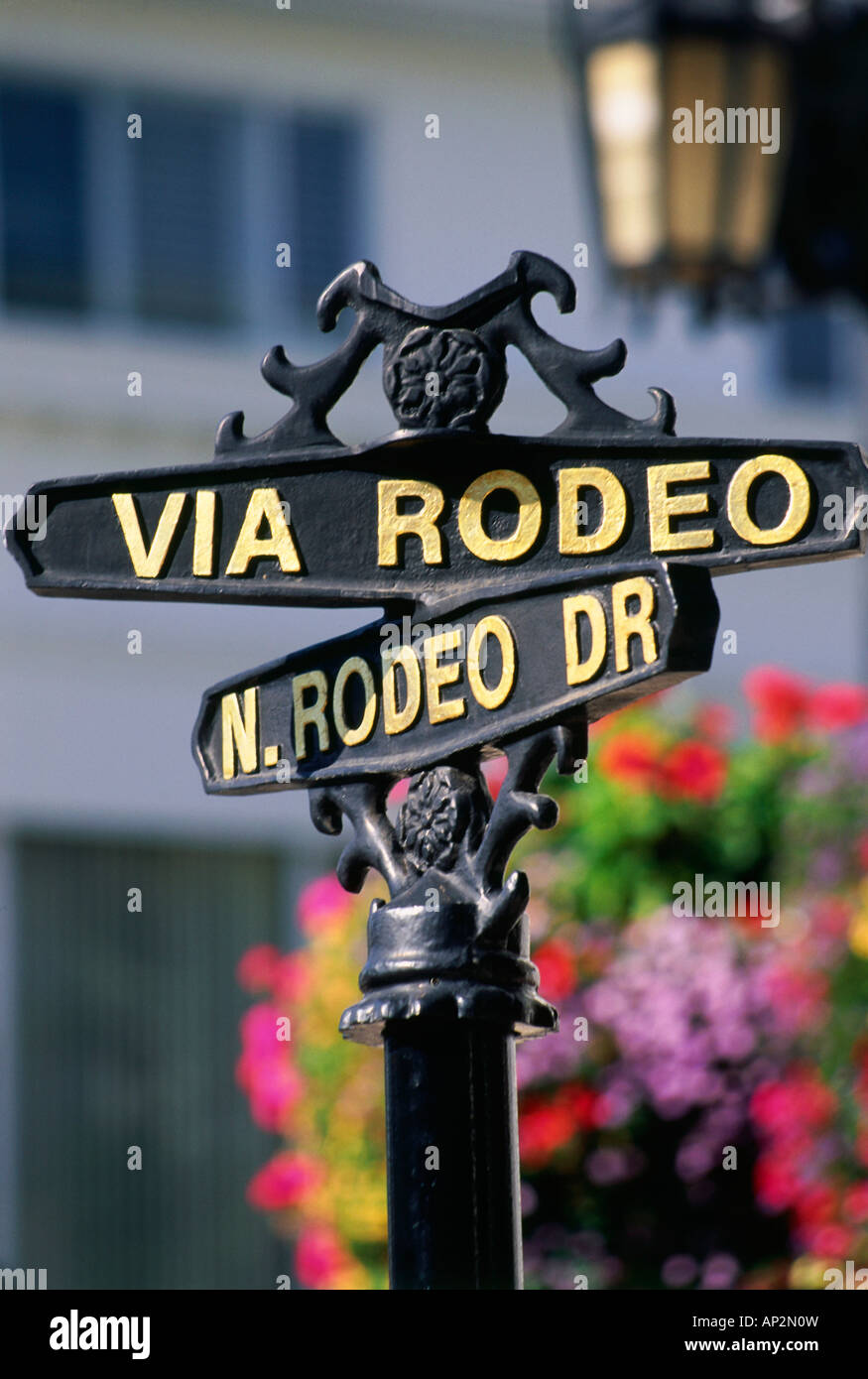 Un cartello stradale su Rodeo Drive, Beverly Hills, L.A., Los Angeles, California, Stati Uniti d'America Foto Stock