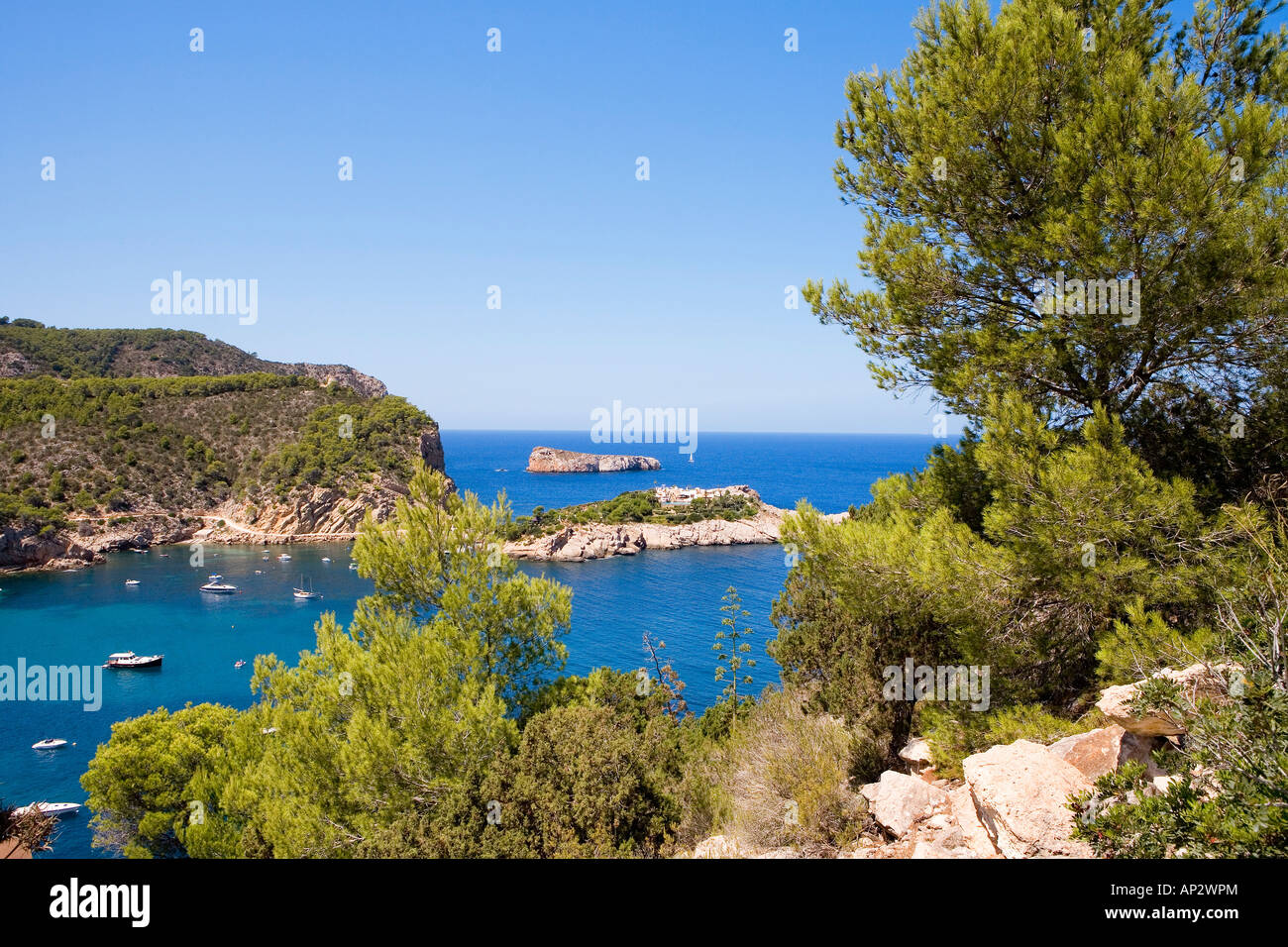 Bay, Porto Sant Miquel, Platja de Sant Miquel, Ibiza, Isole Baleari, Spagna Foto Stock