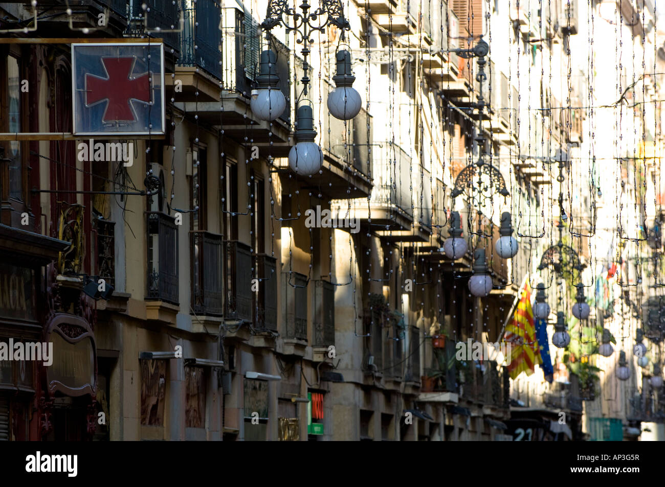 Hous facciate, La Rambla, Barcelona, Spagna Foto Stock