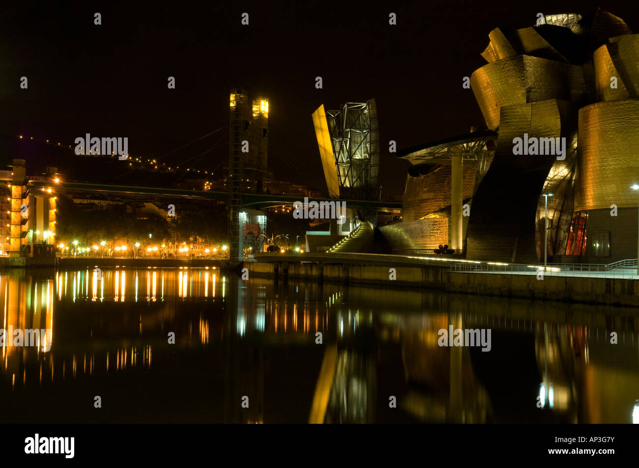 Museo Guggenheim di notte, Bilbao, Spagna Foto Stock