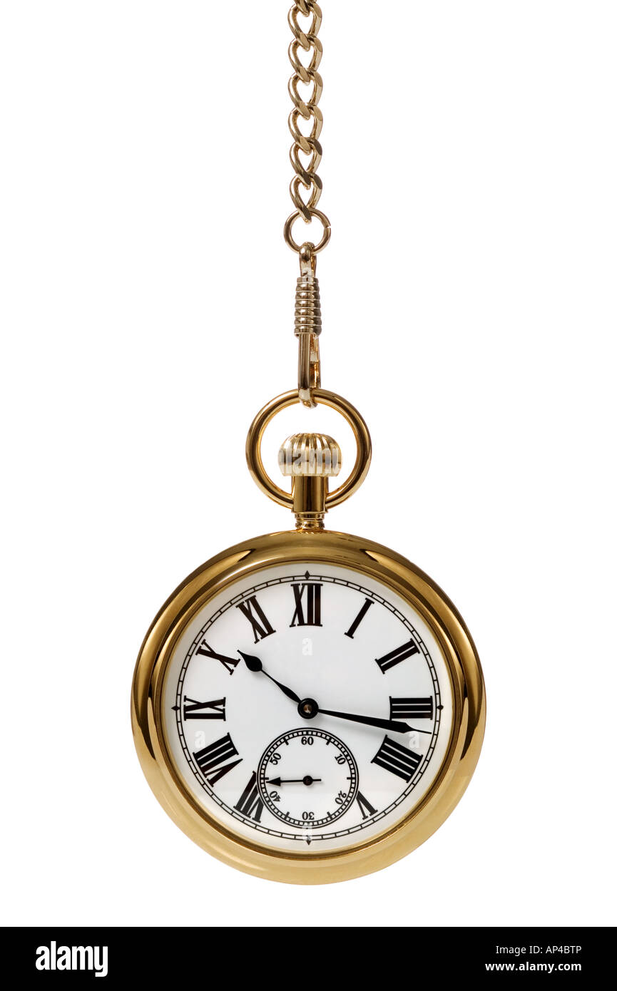 Oro orologio da tasca e la catena isolata su uno sfondo bianco Foto Stock