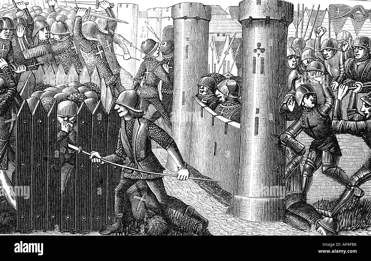 Soldati francesi in battaglia nel 1400s Foto Stock