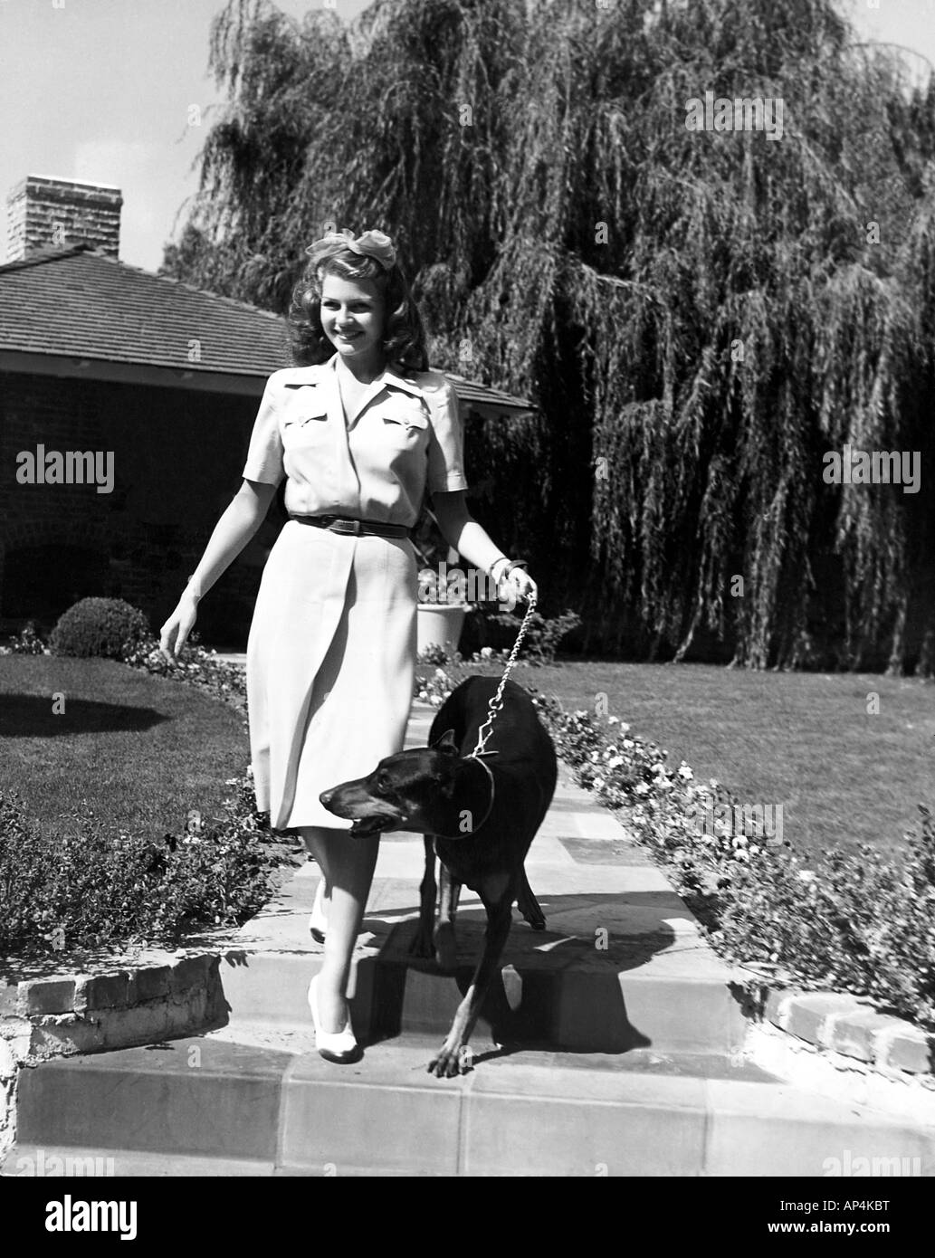 RITA HAYWORTH - US attrice cinematografica a piedi il suo animale domestico cane Doberman Francesco al suo Hollywood a casa nel 1942 Foto Stock