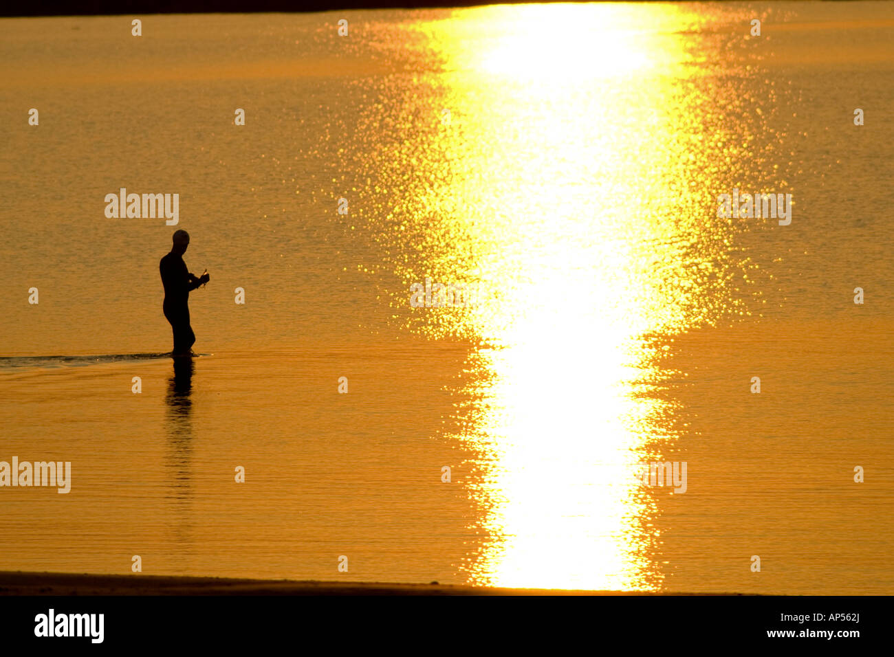 Silhouette del pescatore solitario in piedi in acqua a sunrise, Compo Beach, Westport, Ct. Stati Uniti d'America. Foto Stock