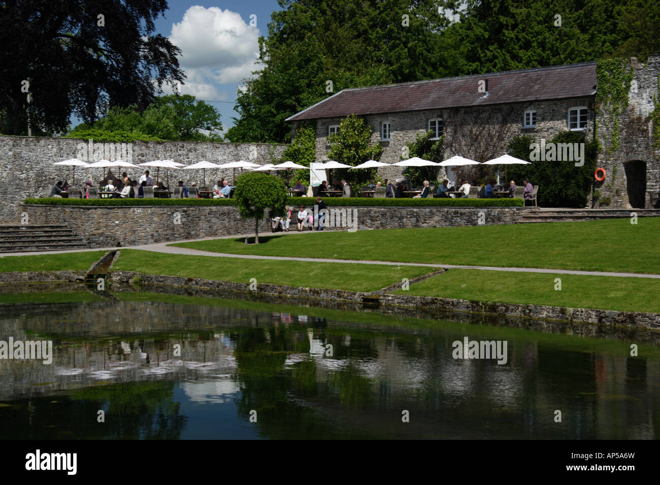 Caffetteria con vista sul giardino con piscina a Aberglasney House e giardini, Llangathen, Camarthenshire, West Wales, Regno Unito Foto Stock