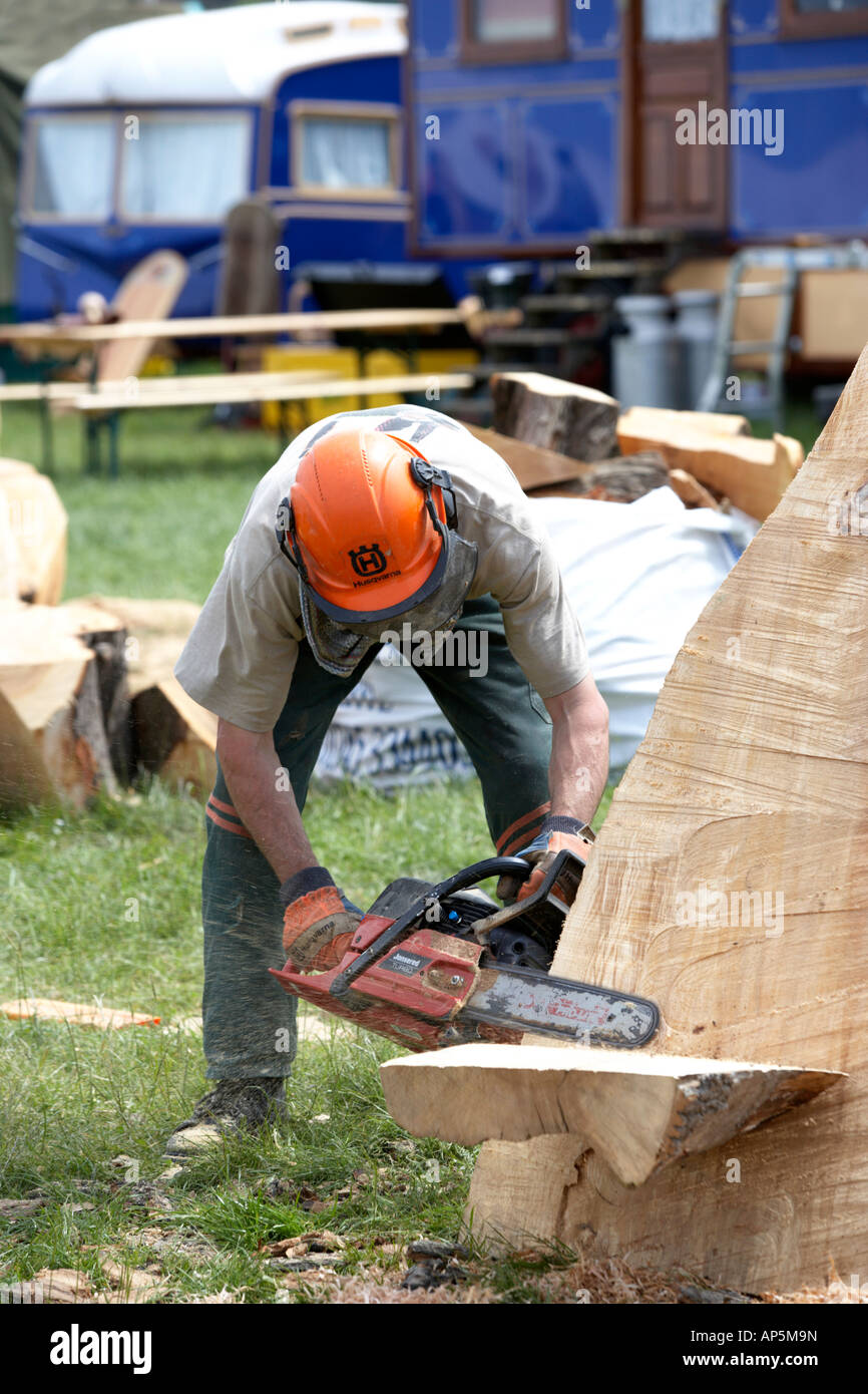 Intagliatore di legno utilizzando una sega a catena per intagliare il  tronco di albero Foto stock - Alamy