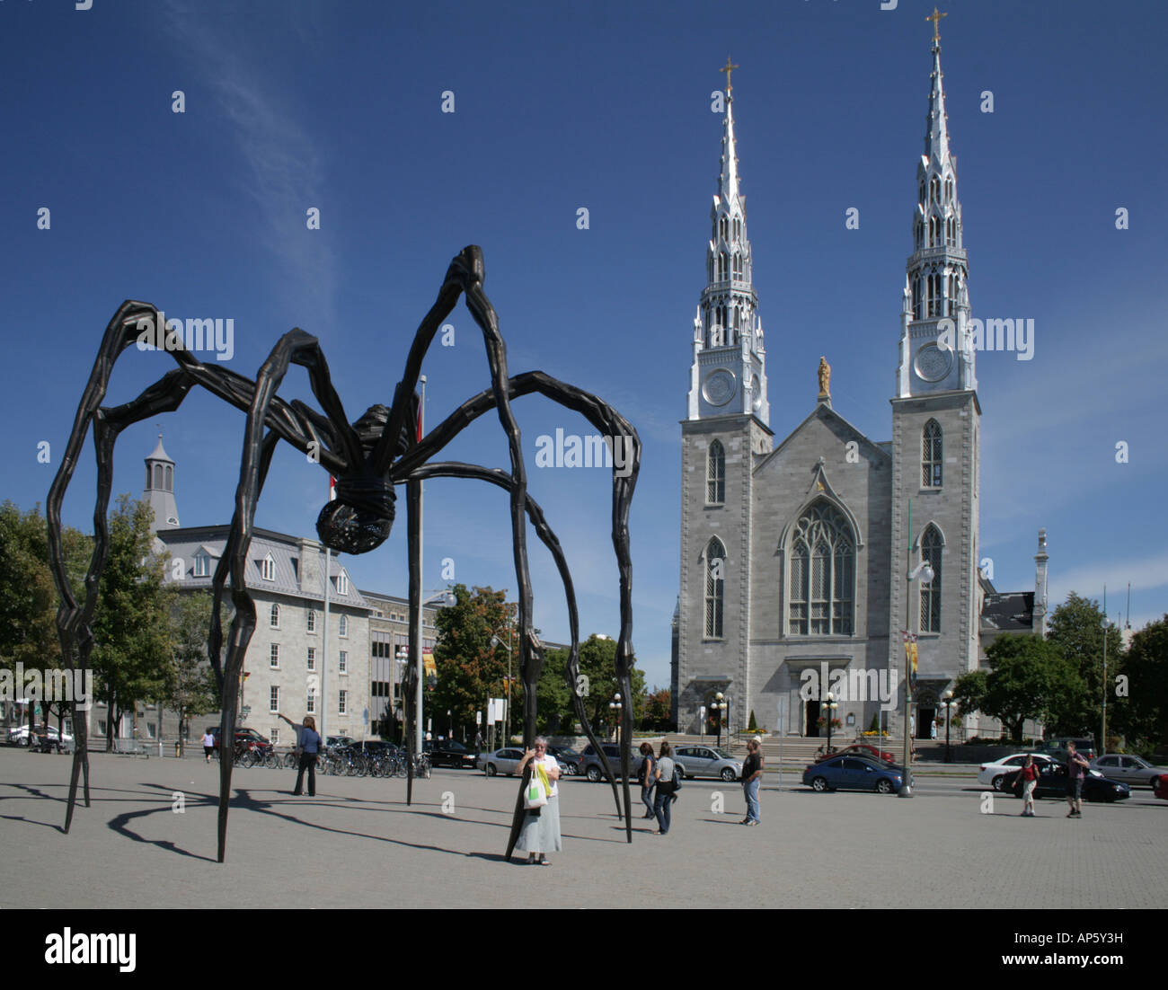 Louise Bourgeois scultura in bronzo Maman a 30 piedi alto Spider nani passanti con di fronte la Cattedrale di Notre Dame a Ottawa Foto Stock