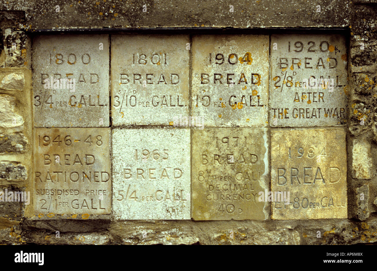Tavolette di pietra indicante il pane prezzi ultimi duecento anni, grande Wishford, Wiltshire, Regno Unito. Foto Stock