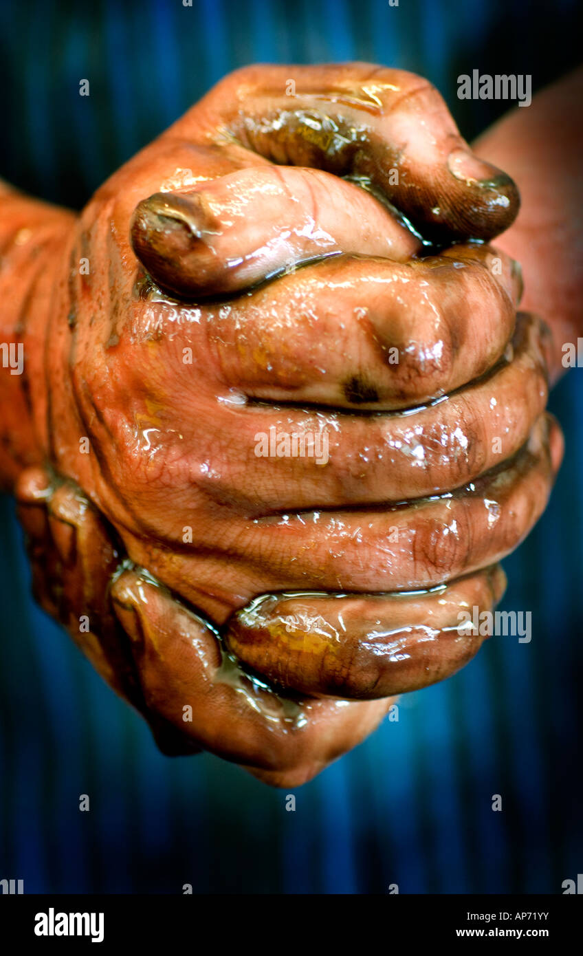 Workman le mani coperte con olio, dita incrociate insieme, nella riparazione di automobili garage negozio. Foto Stock
