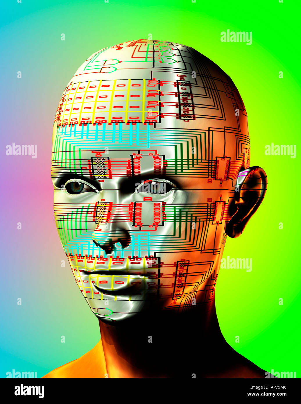 Computer robot generati testa femmina in 3D Foto Stock