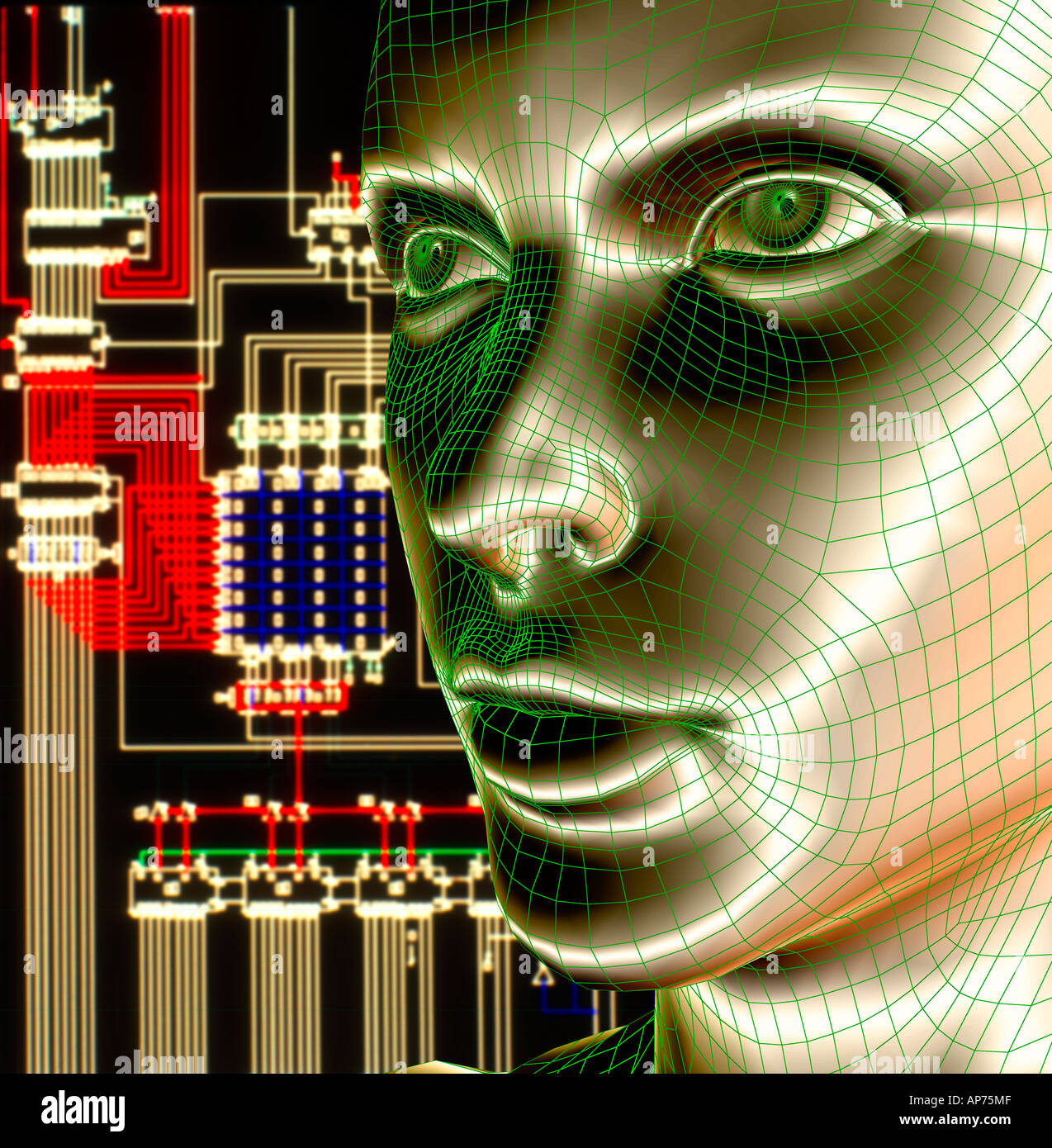 Computer robot generati testa femmina in 3D Foto Stock