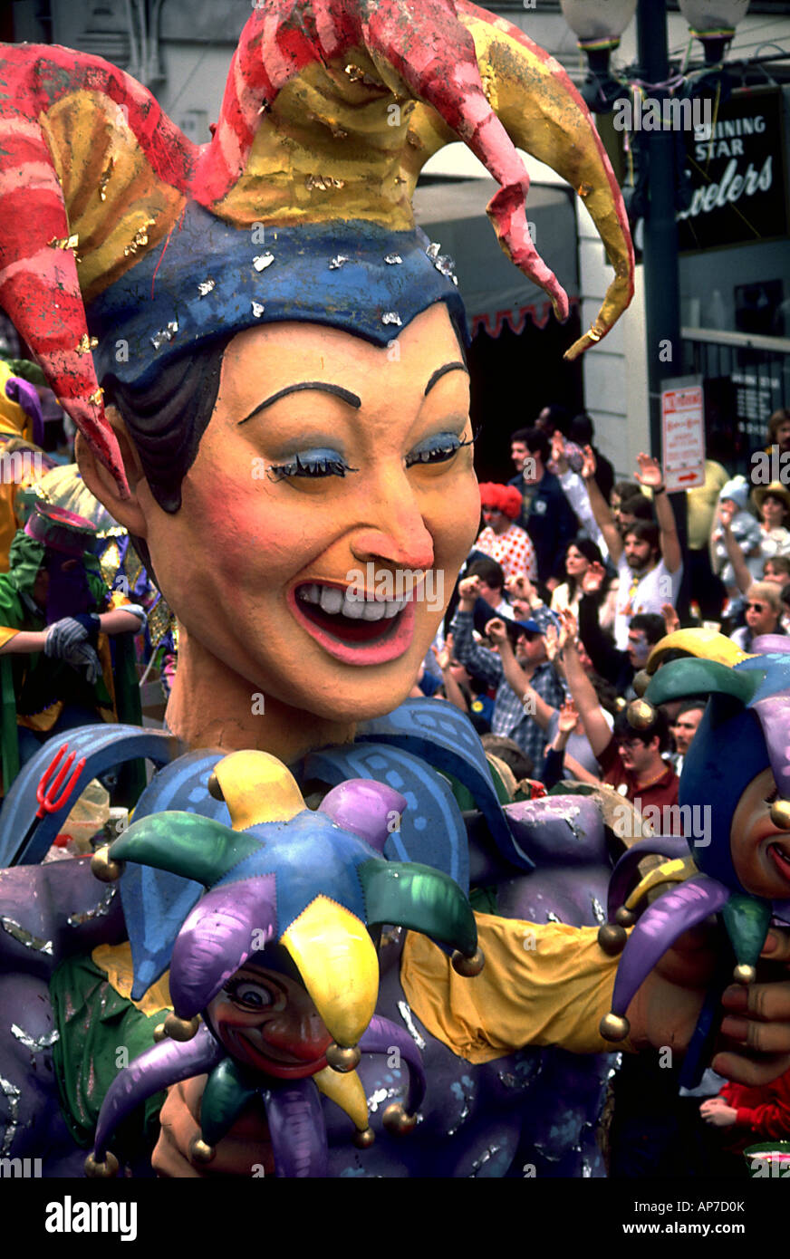 Il giullare galleggiante nella Rex Mardi Gras Parade New Orleans in Louisiana Foto Stock