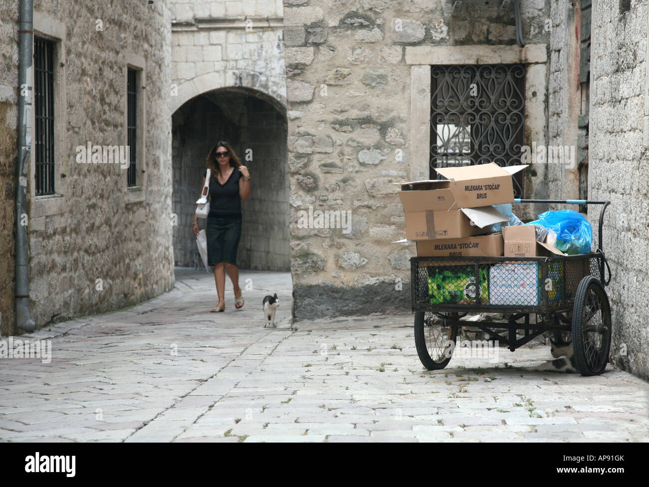 Turistico e un gatto randagio camminando lungo la stretta via medievale in Kotor, Montenegro Foto Stock