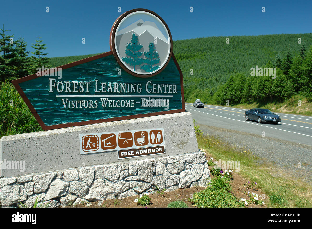 AJD52234, Monte Sant Helens National Volcanic Monument, WA, Washington, Foresta Learning Center a Mt. Saint Helens, ingresso sign Foto Stock