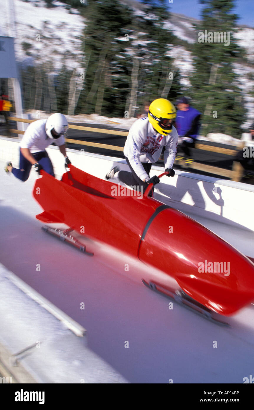 Bob racing start Utah Winter Sports Park Park City Utah Foto Stock