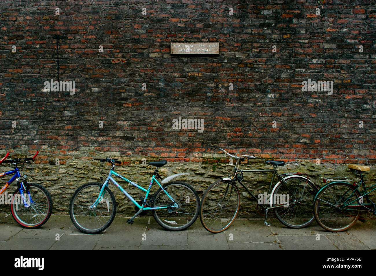 CAMBRIDGE CAMBRIDGESHIRE ENGLAND bici contro la parete nel centro della città universitaria di Cambridge Inghilterra Diritto d'autore Foto Stock