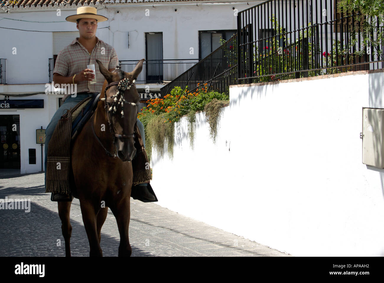 Uomo con un bicchiere in mano in sella ad un cavallo a Mijas Feria, Spagna Foto Stock