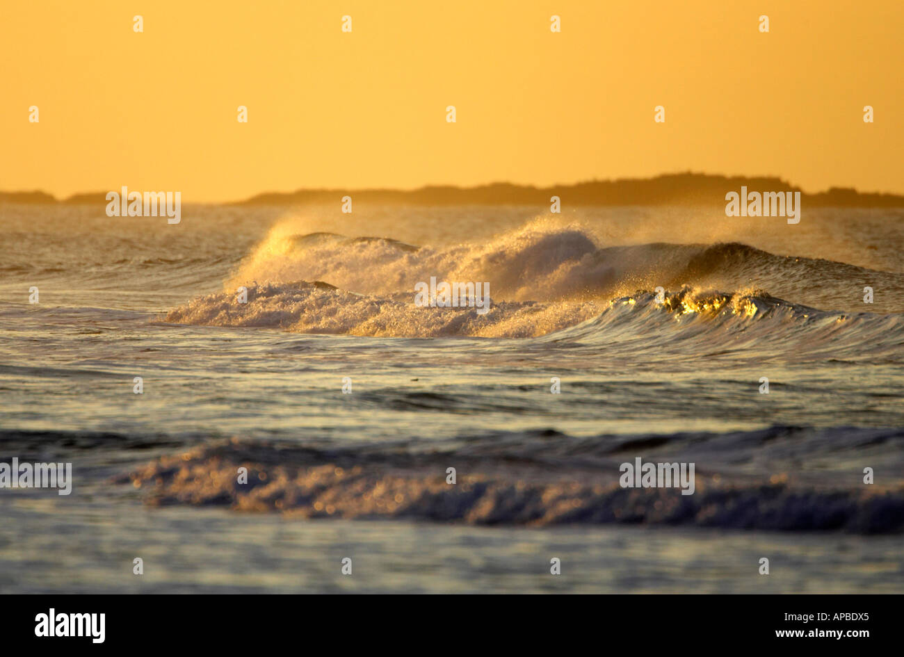 Retroilluminato di onde che si infrangono al golden sunset rocce bianche beach portrush County Antrim Irlanda del Nord Foto Stock