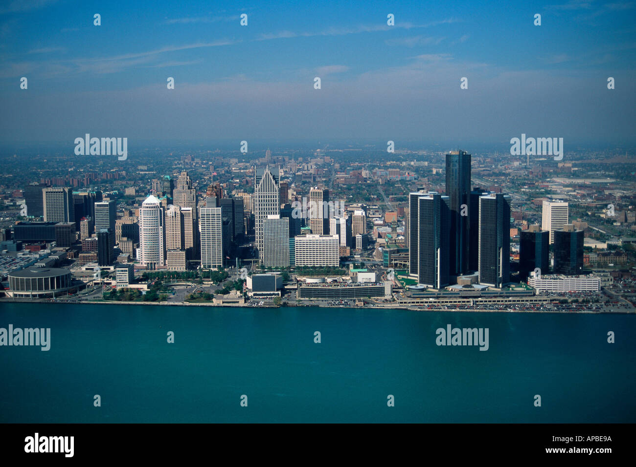 Vista aerea della città e del fiume Detroit Michigan Foto Stock