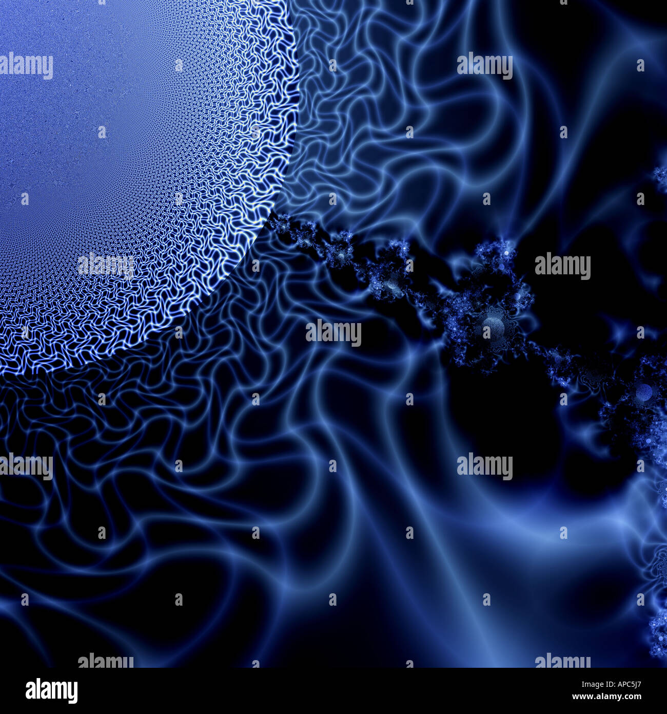 Grafica digitale astratta con fluide tracce di luce blu neon e linee curve su sfondo scuro Foto Stock