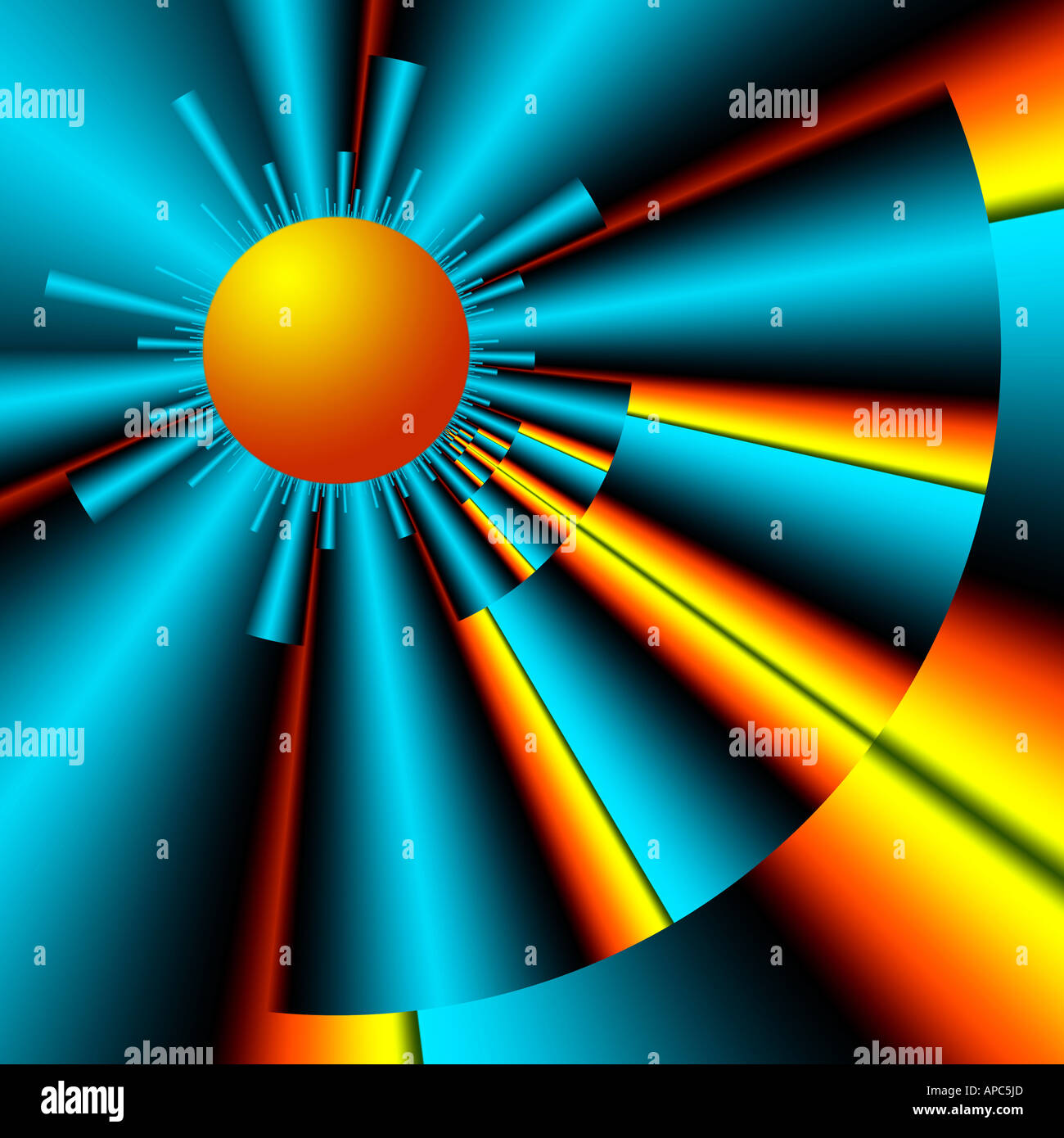 Vivace opera d'arte digitale astratta con una sfera arancione brillante con irradianti fasci di luce turchese, gialla e rossa in un motivo geometrico Foto Stock