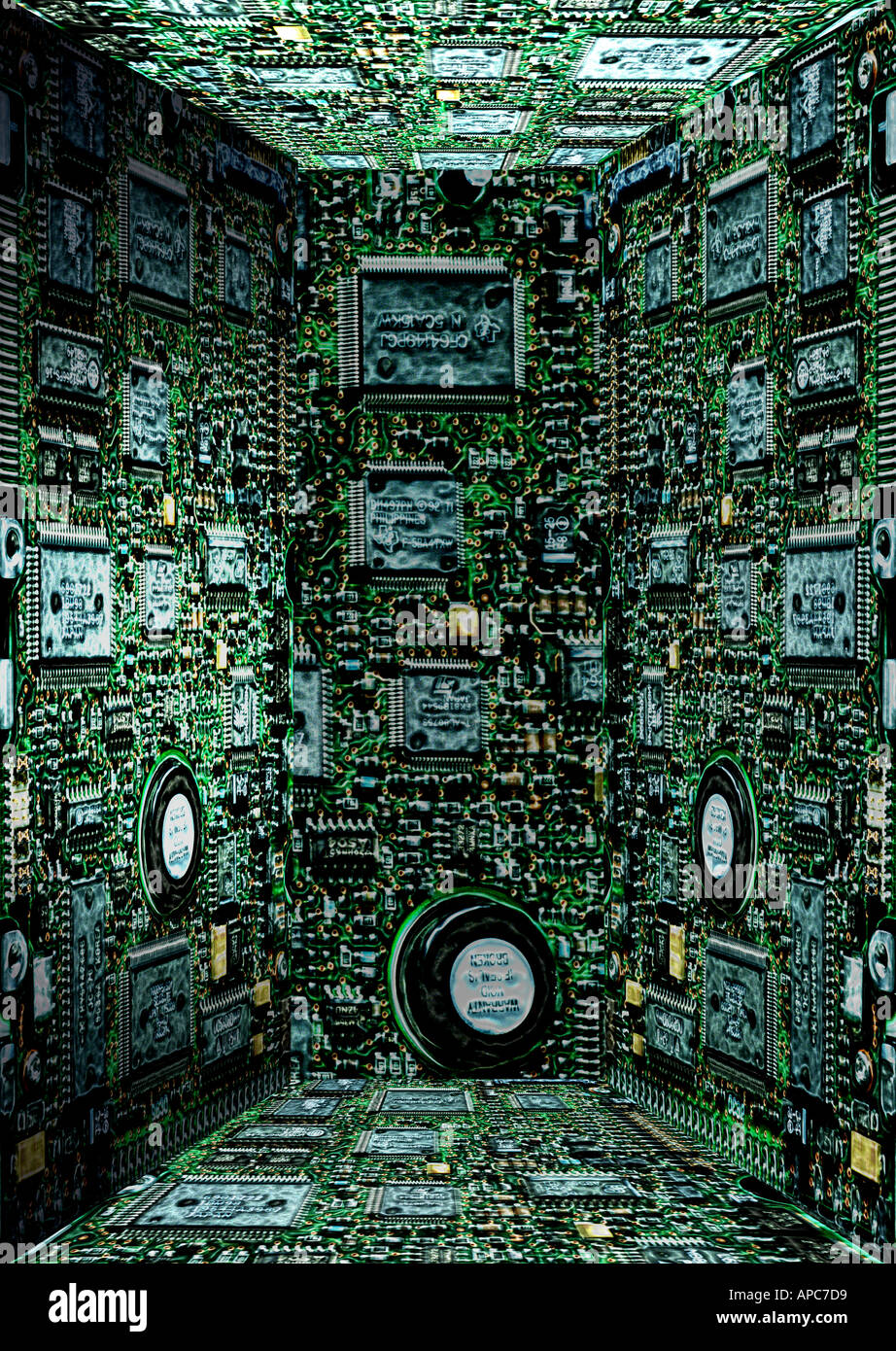 Illustrazione della foto computer uomo scheda chip sfere colore camera artificiale tridimensionale fili cubo elettronica dati moderna Foto Stock