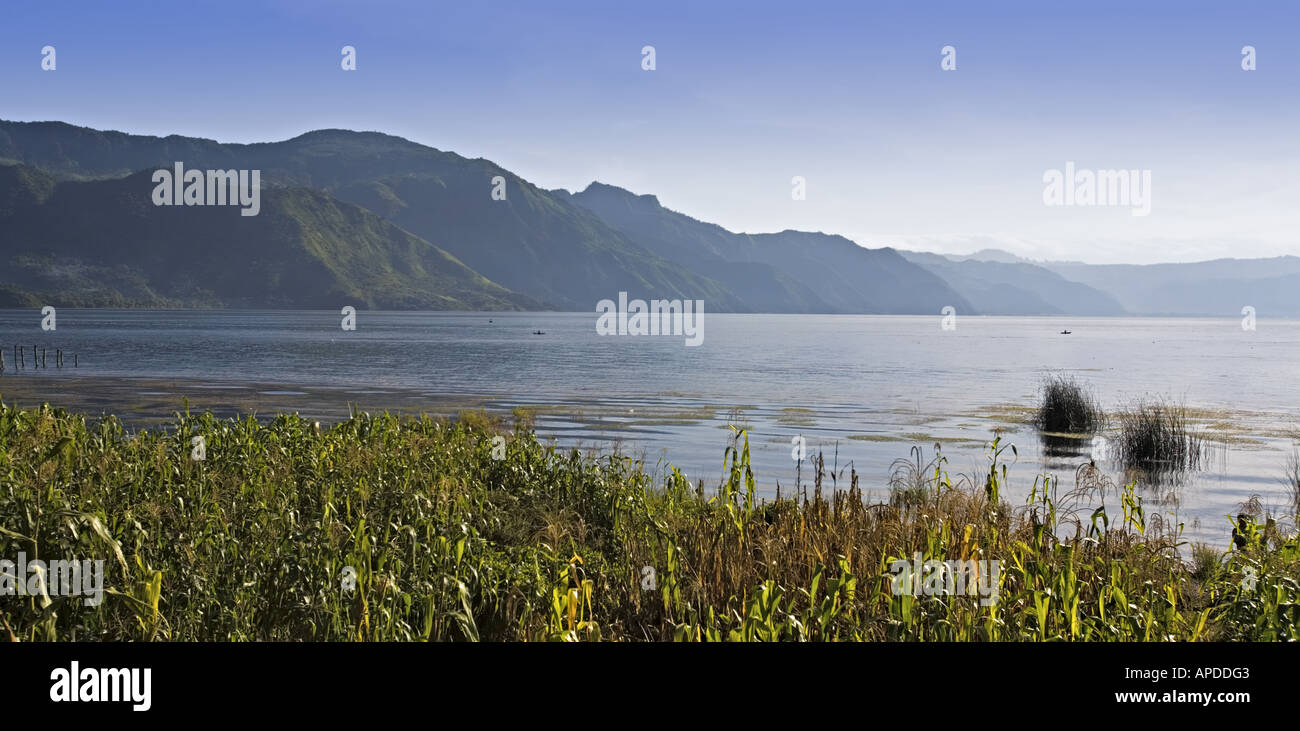 GUATEMALA lago Atitlan Panorama di pescatori e le colture di mais sul lago Atitlan Foto Stock