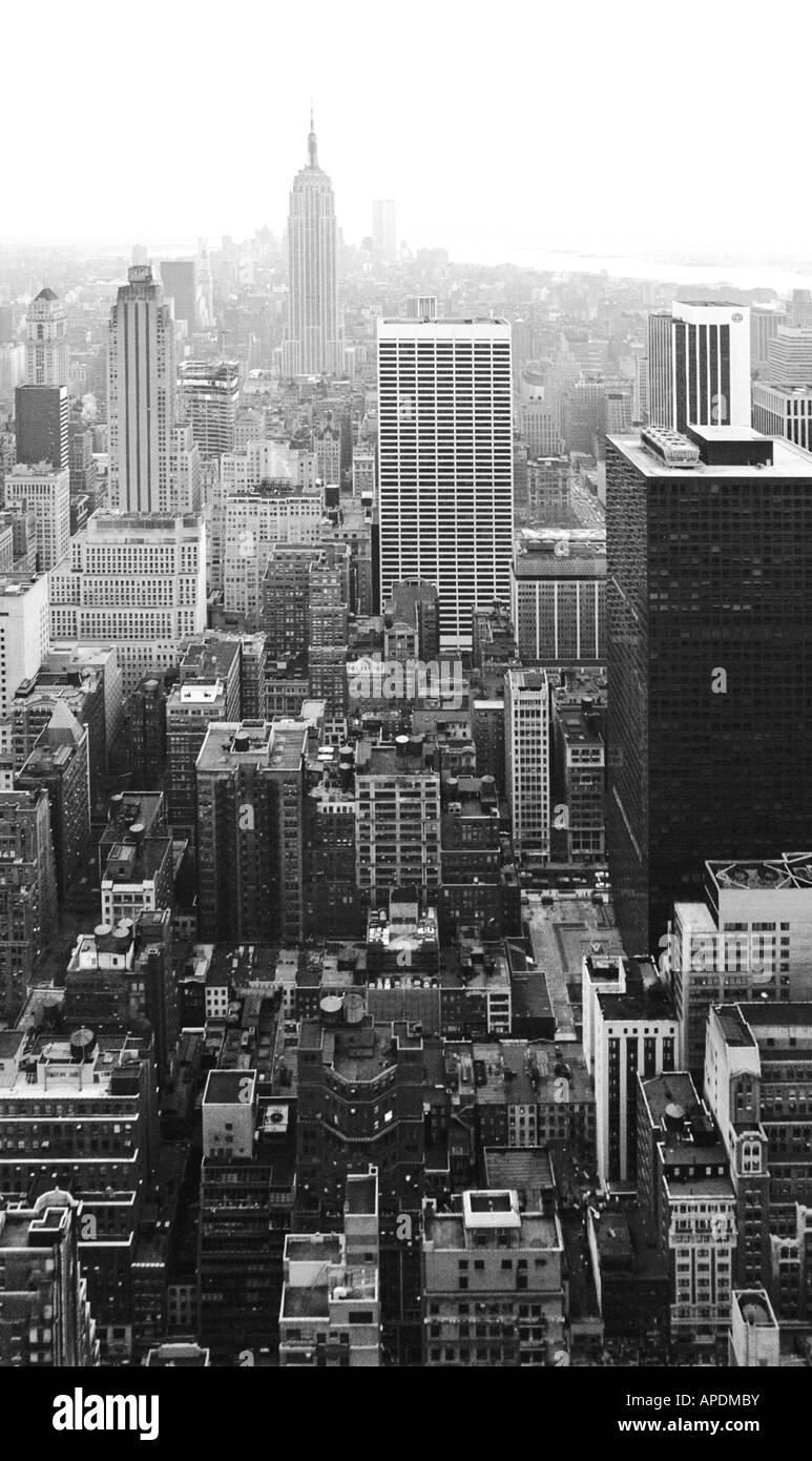 New York City guardando verso sud che mostra l'Empire State Building e il World Trade Center. In verticale Foto Stock
